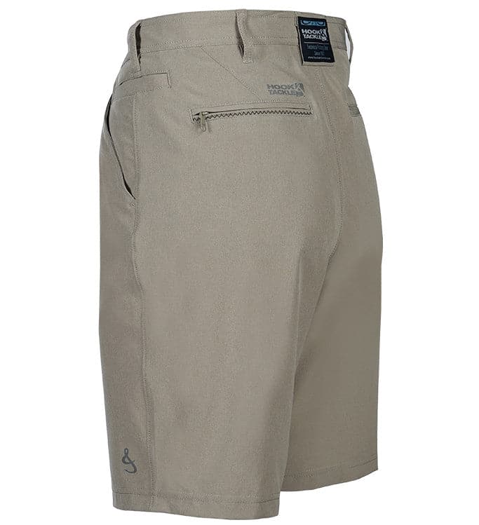 Beige shorts with a brand label on a white background