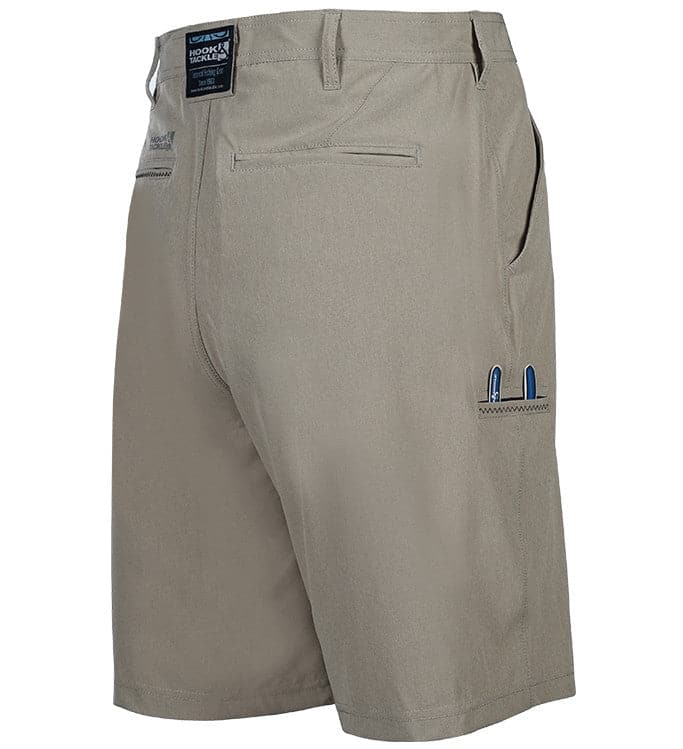 Beige shorts with brand logos on a white background