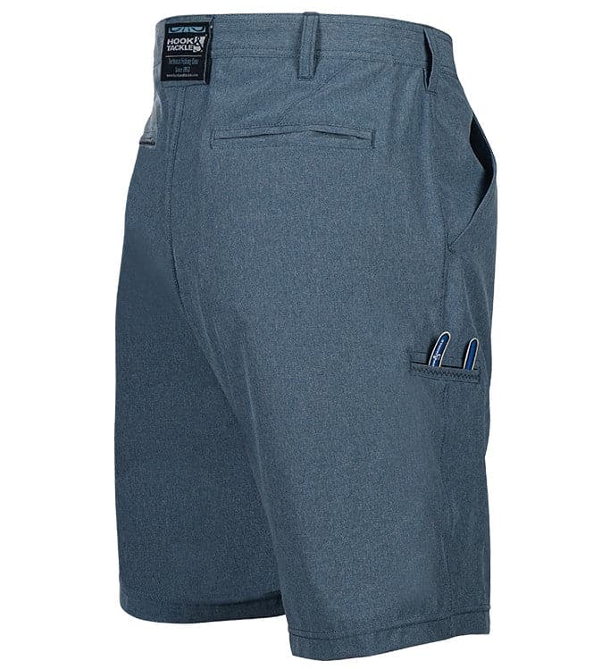 Blue shorts with a small logo on a white background