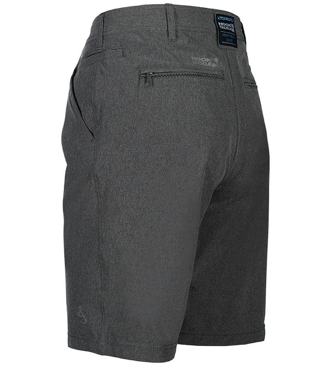 Gray shorts with a brand label on a white background