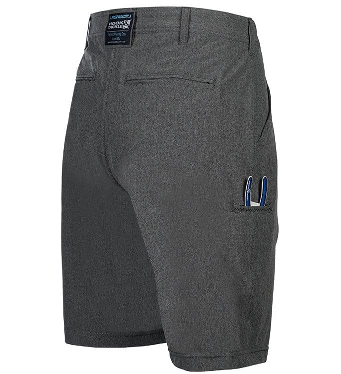 Gray shorts with a logo on a white background