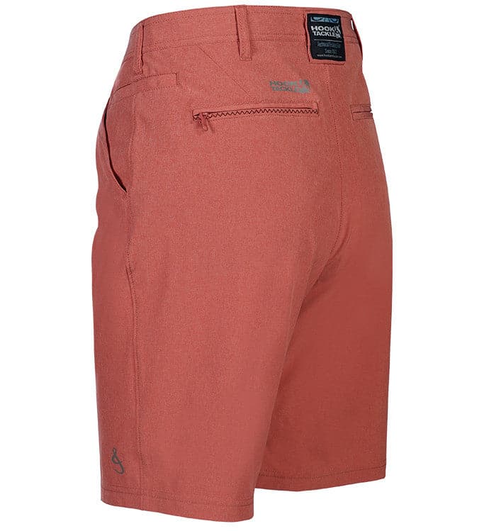Red shorts with a brand label on a white background