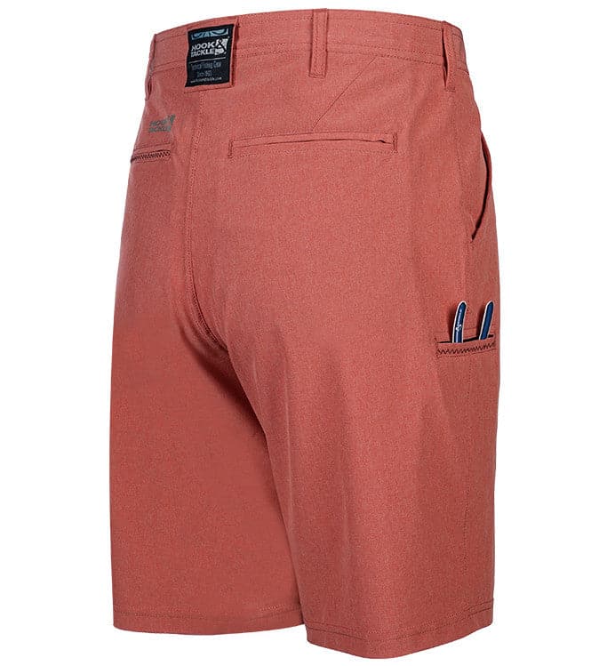 Red shorts with a visible brand label on a white background