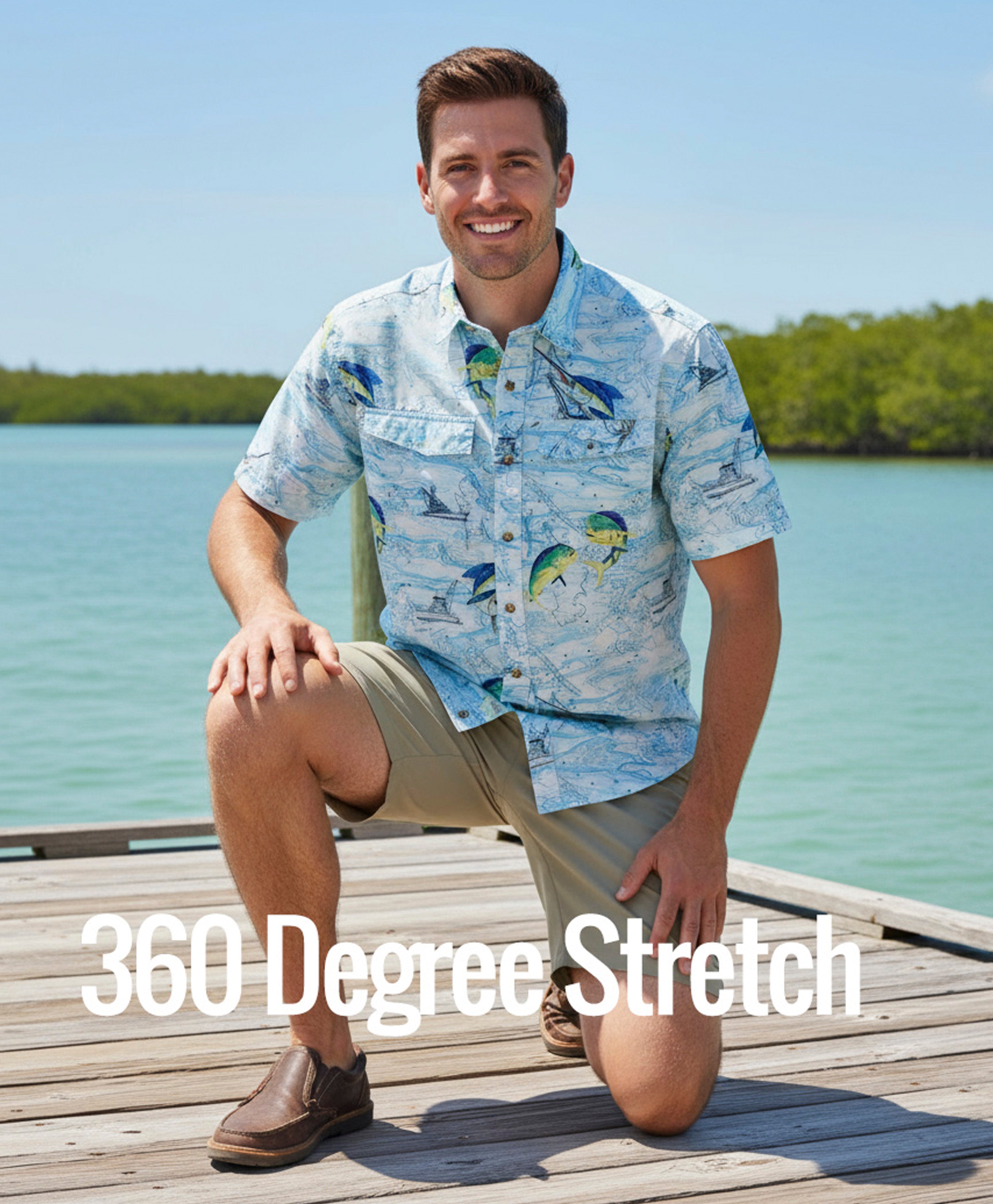 Man wearing a blue patterned shirt sitting on a dock with water and trees in the background.