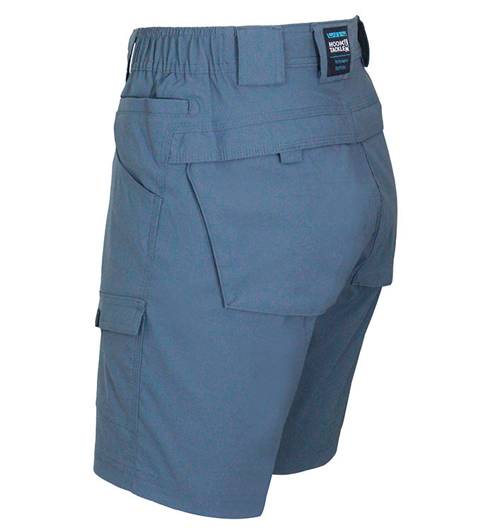 Blue cargo shorts on a white background