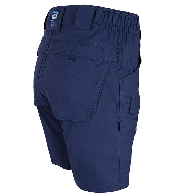 Navy blue cargo shorts with multiple pockets on a white background