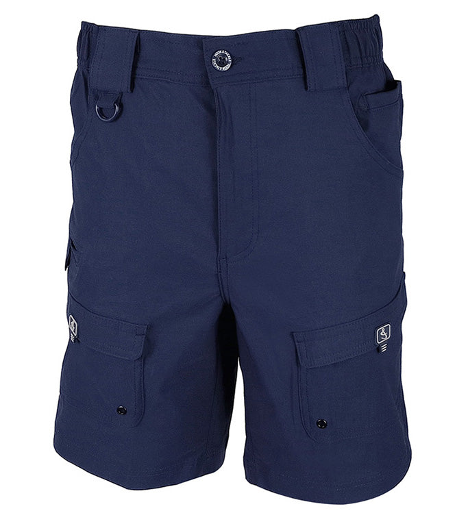 Navy blue cargo shorts with multiple pockets on a white background