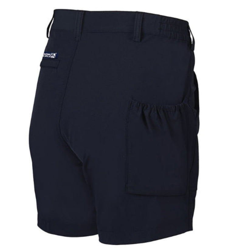 Black shorts with a visible brand logo on a white background