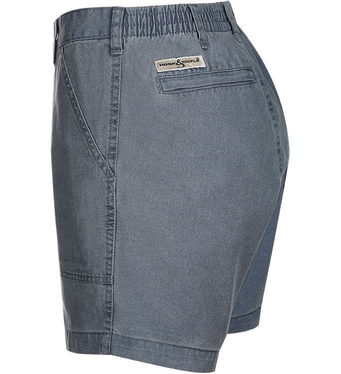 Gray shorts with a brand logo on a white background