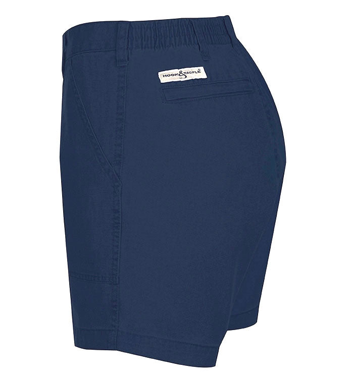 Navy blue shorts with a brand logo on a white background