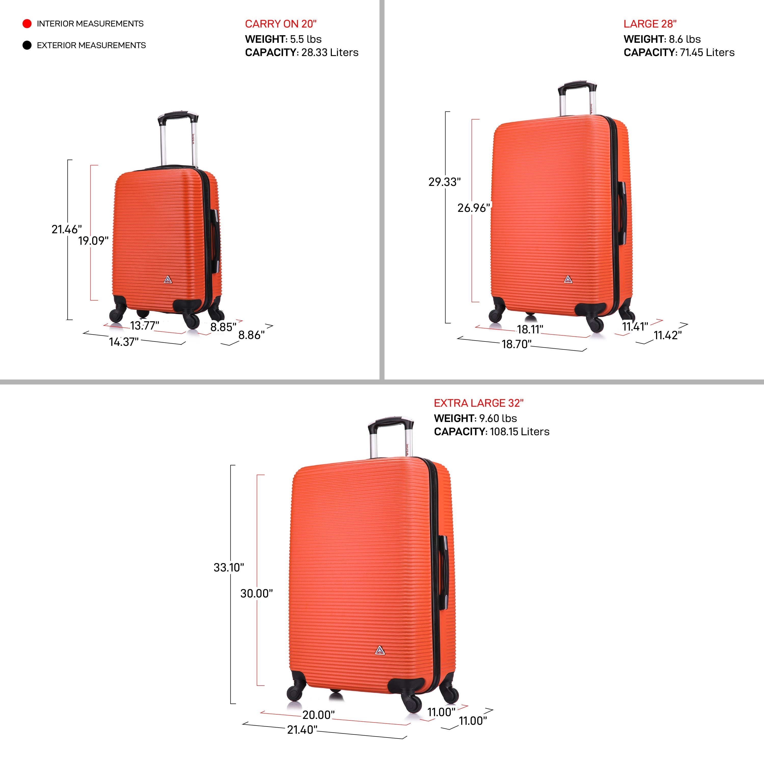 Orange suitcases with measurements and specifications on a white background