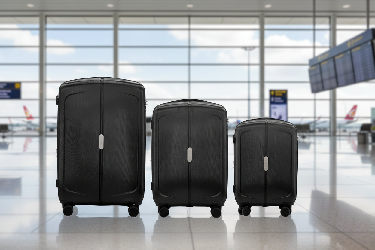 Set of three black suitcases of different sizes on a white background
