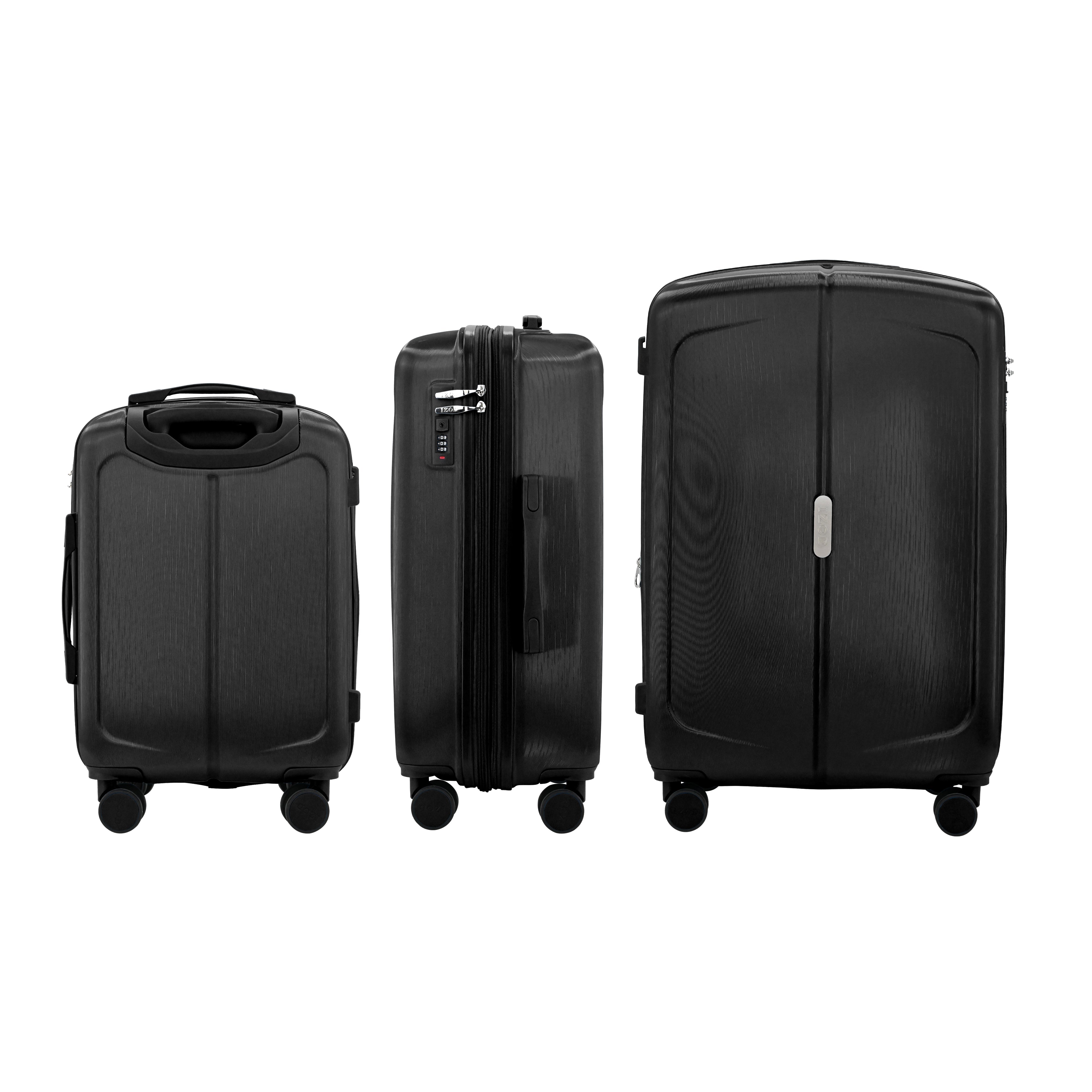Three black suitcases of different sizes on a white background