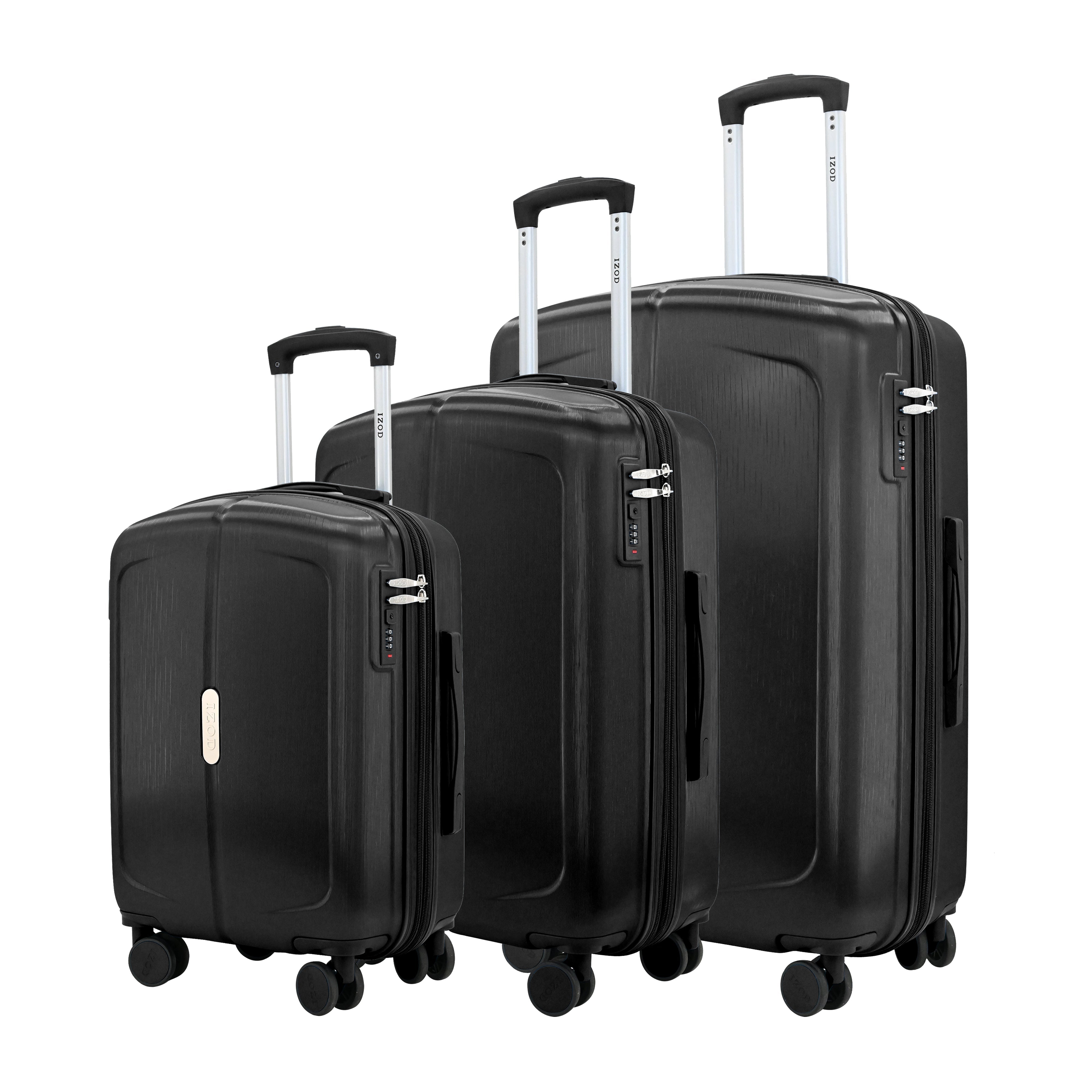 Set of three metallic suitcases of different sizes on a white background