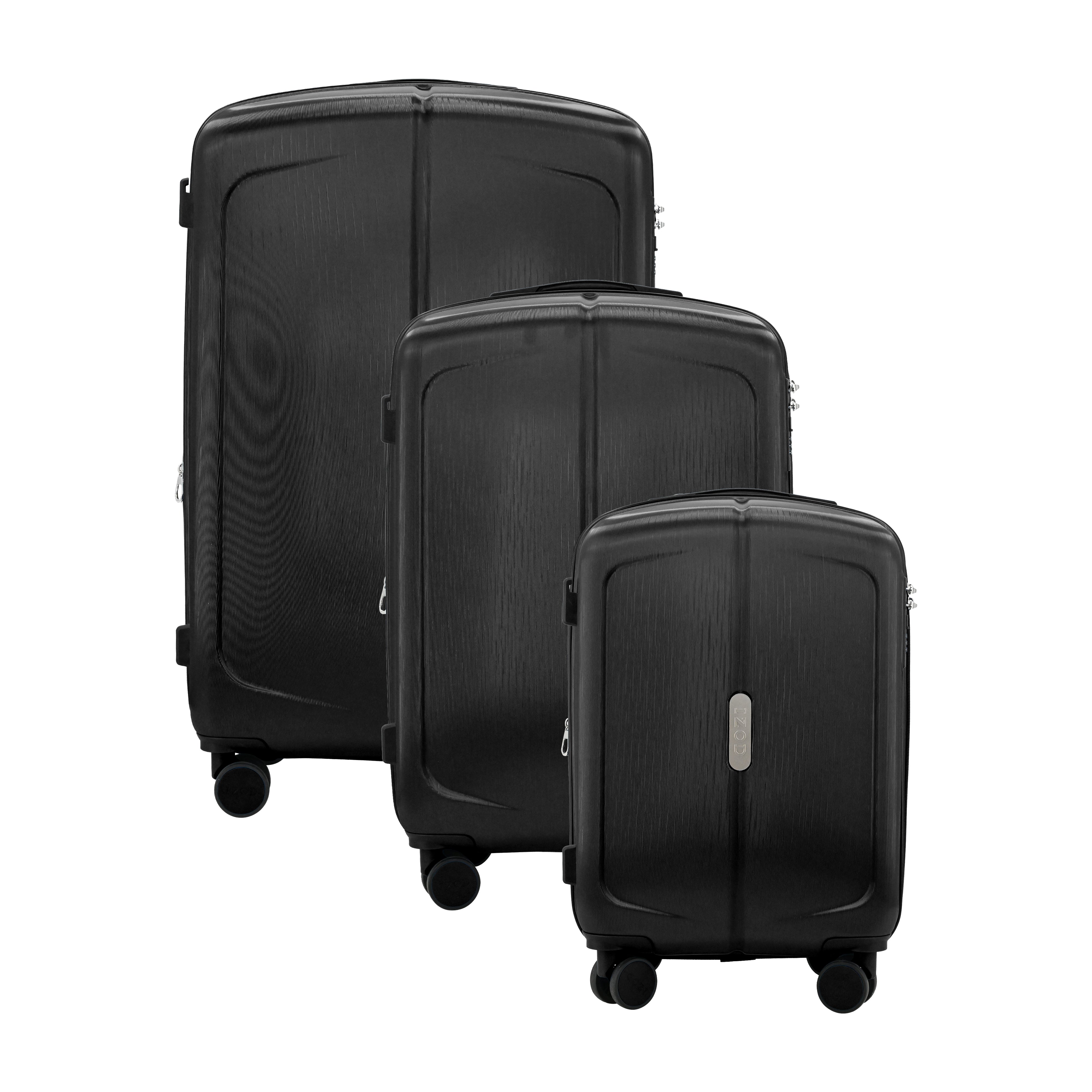 Set of three black suitcases of different sizes on a white background