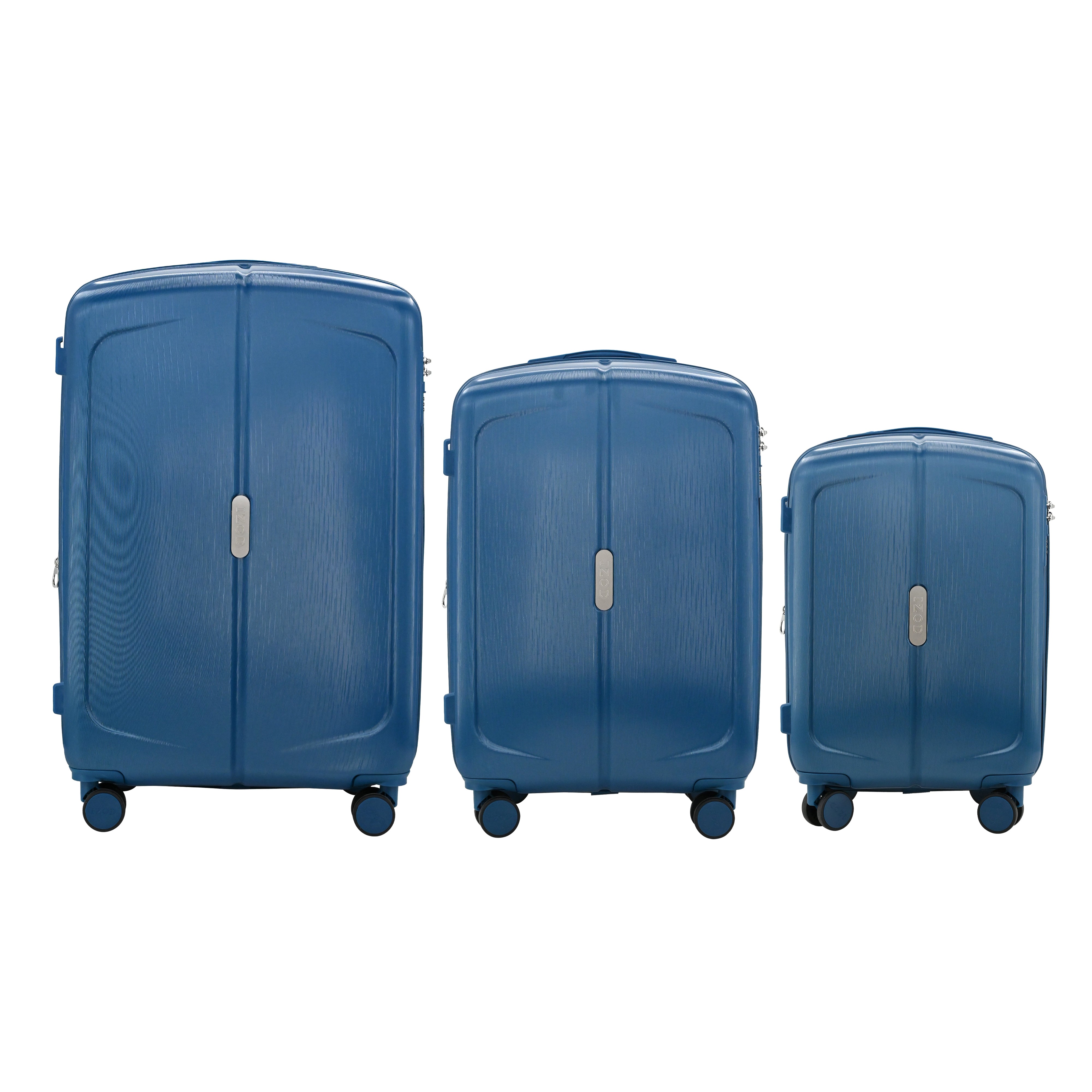 Three blue suitcases of different sizes on a white background