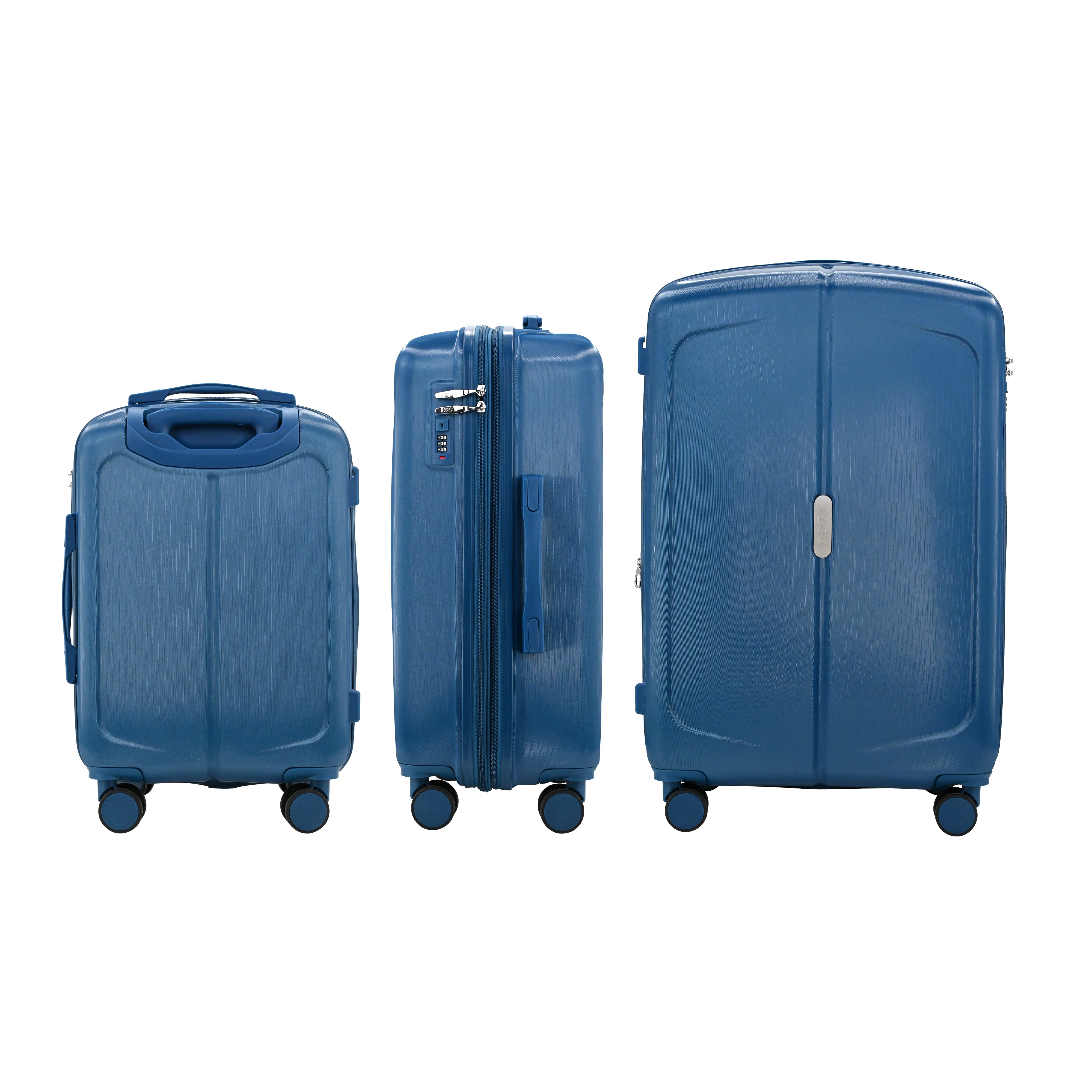 Three blue suitcases of different sizes on a white background