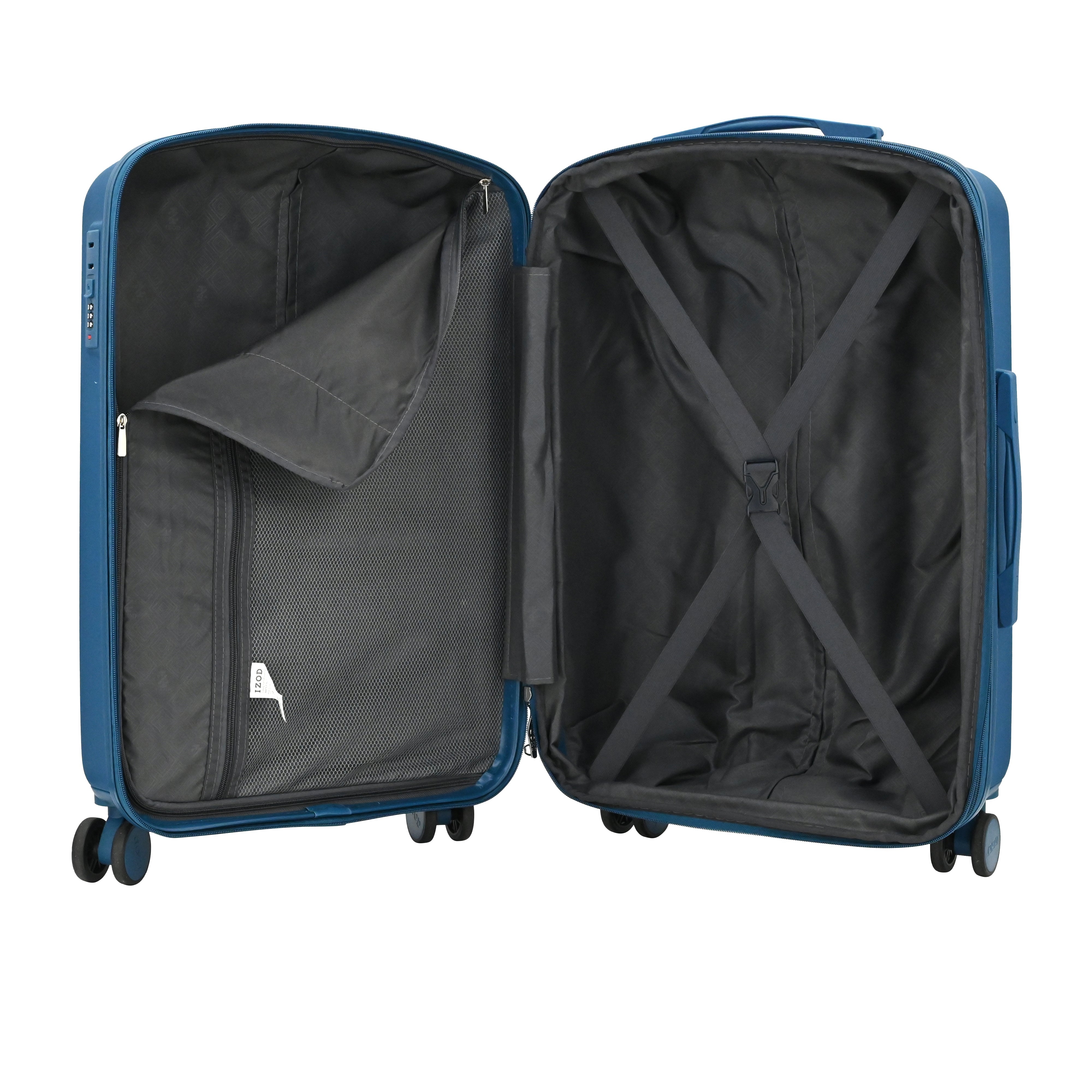Open blue suitcase with black interior on a white background