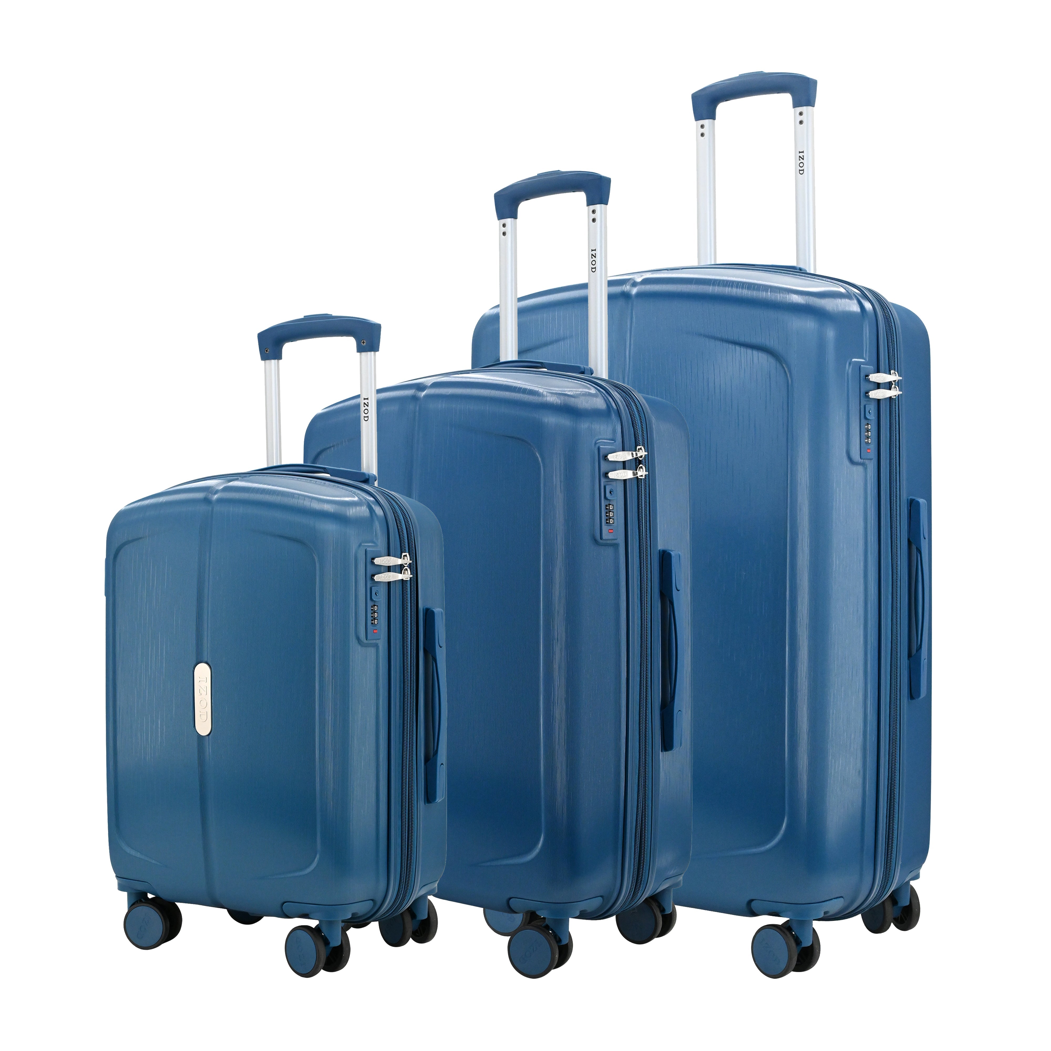Set of three blue suitcases of different sizes on a white background