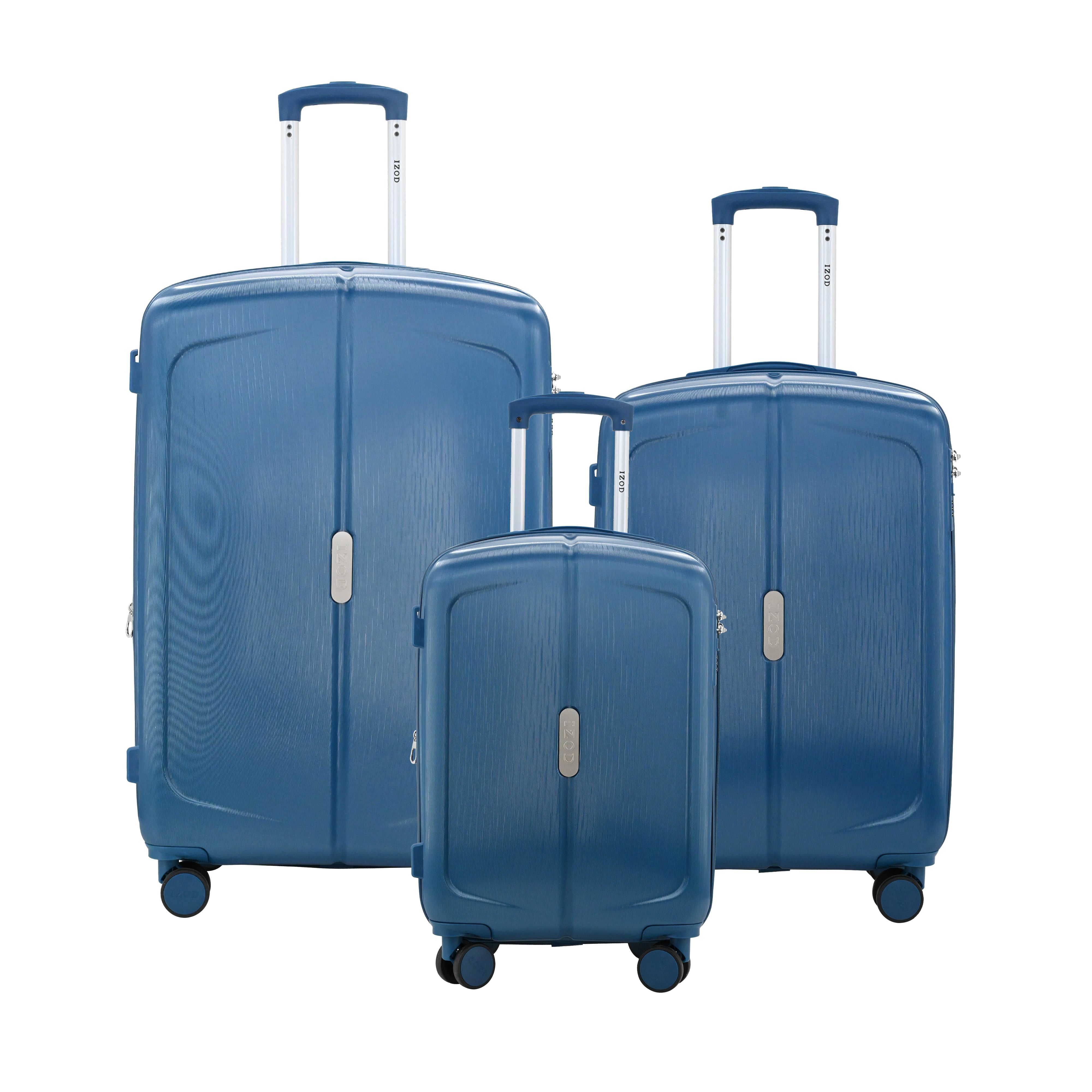 Three blue suitcases of different sizes on a white background
