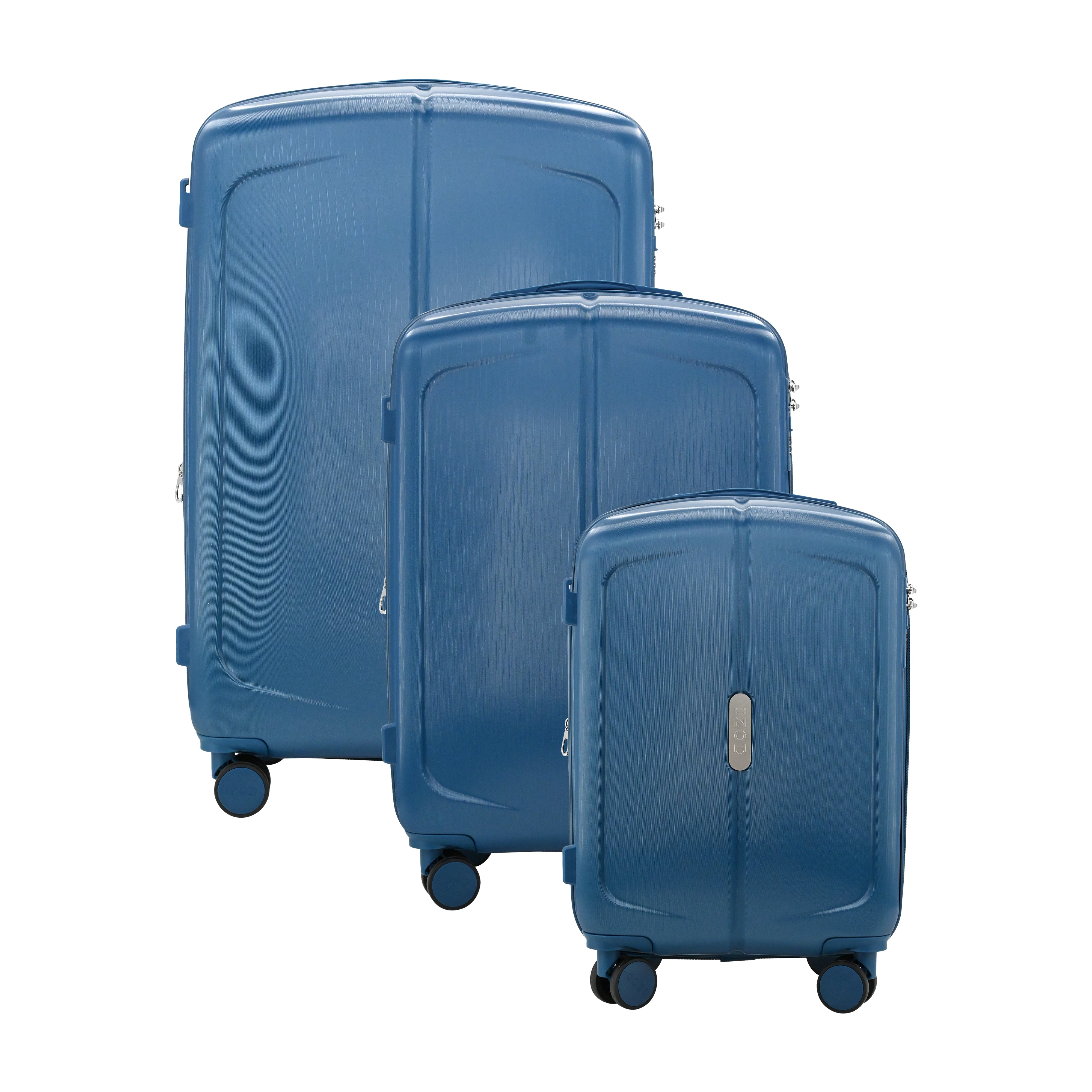 Three blue suitcases of different sizes on a white background