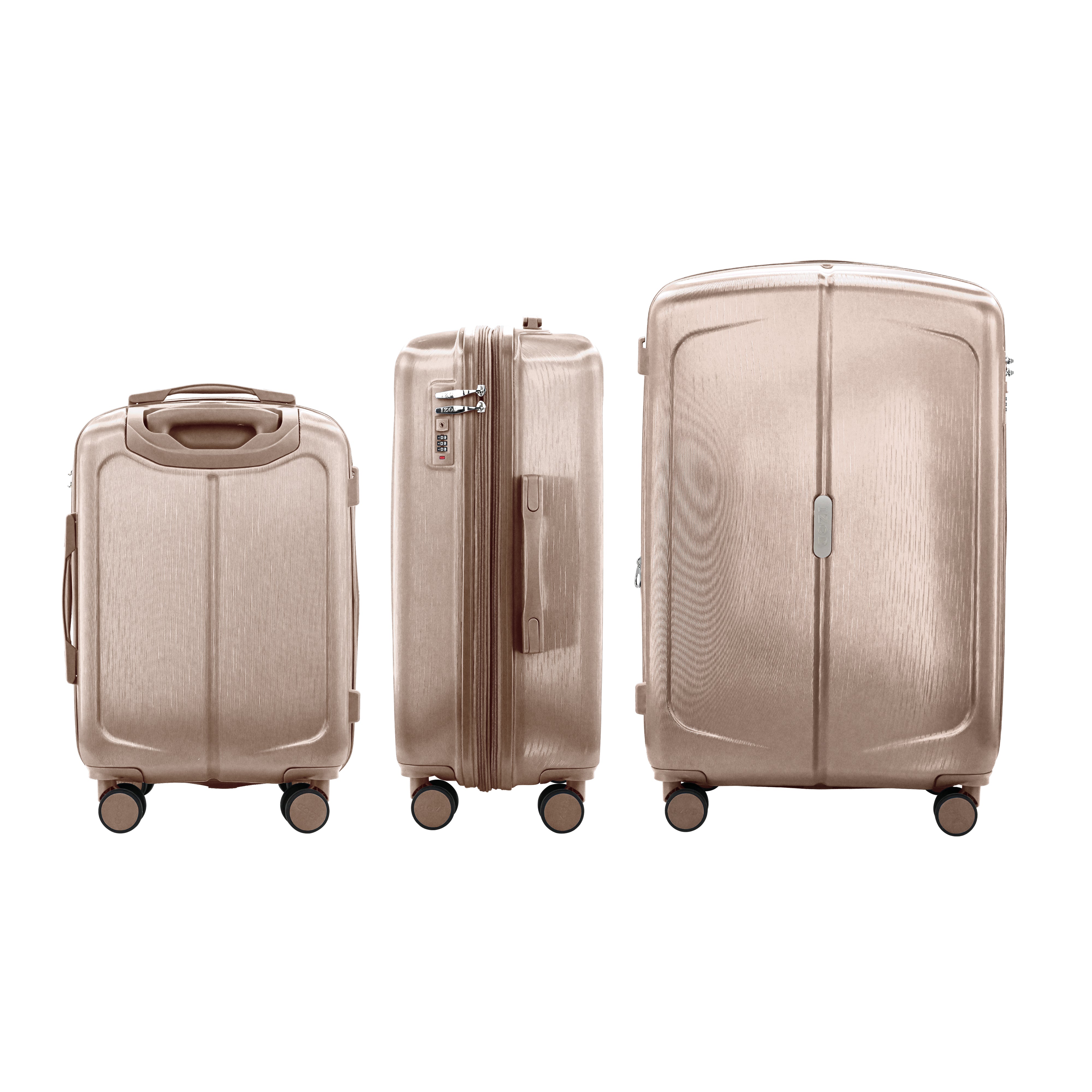 Three metallic suitcases of different sizes on a white background
