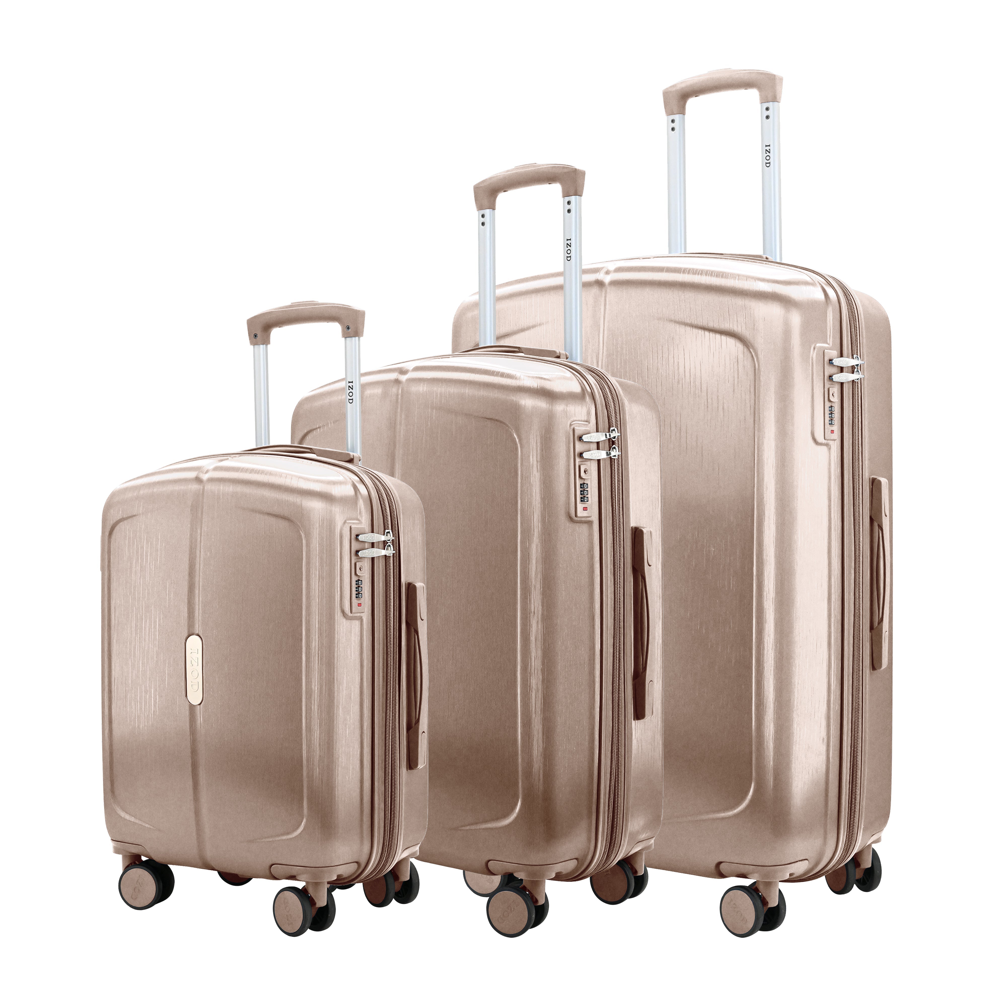 Set of three rose gold suitcases on a white background