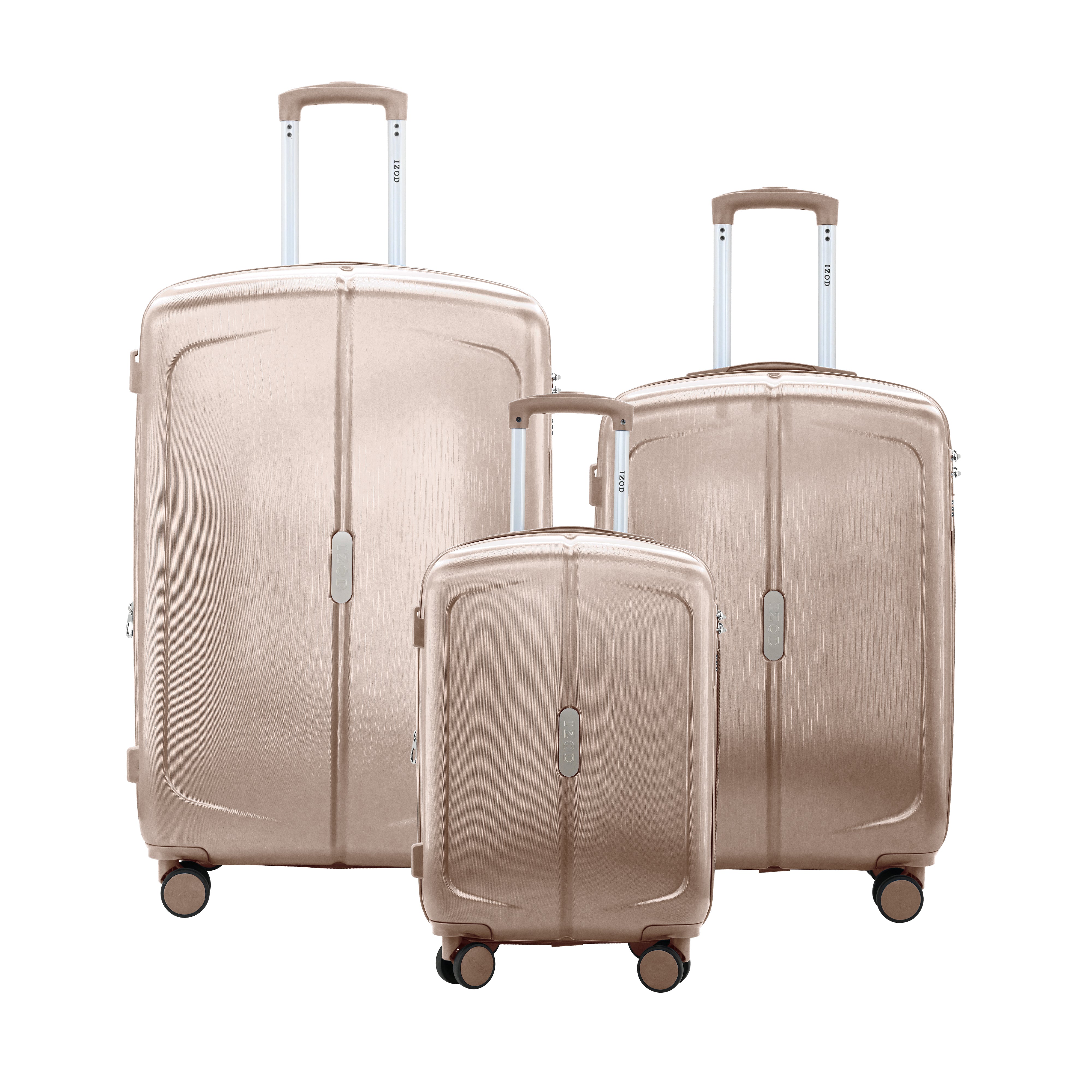 Set of three rose gold suitcases on a white background