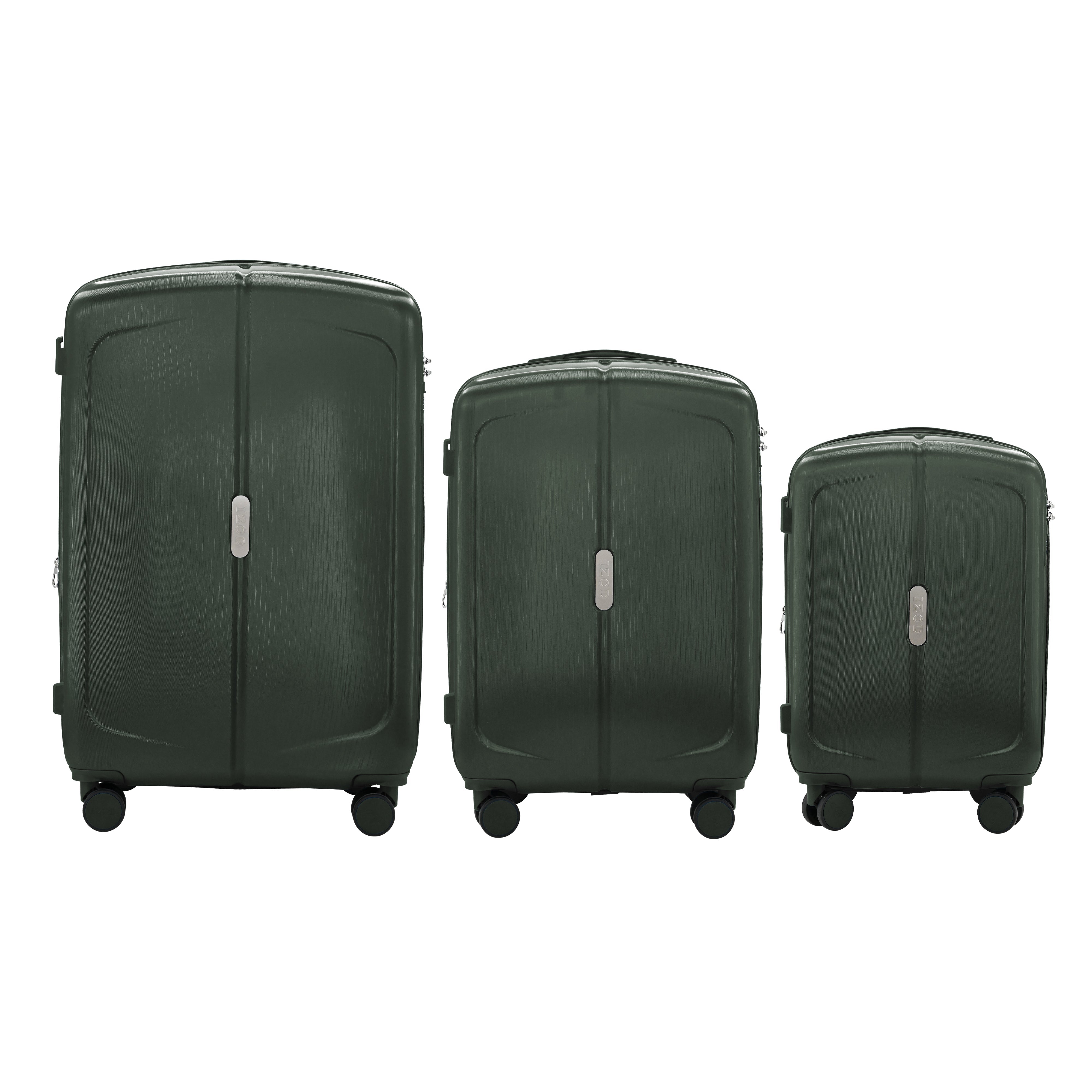 Set of three black suitcases of different sizes on a white background