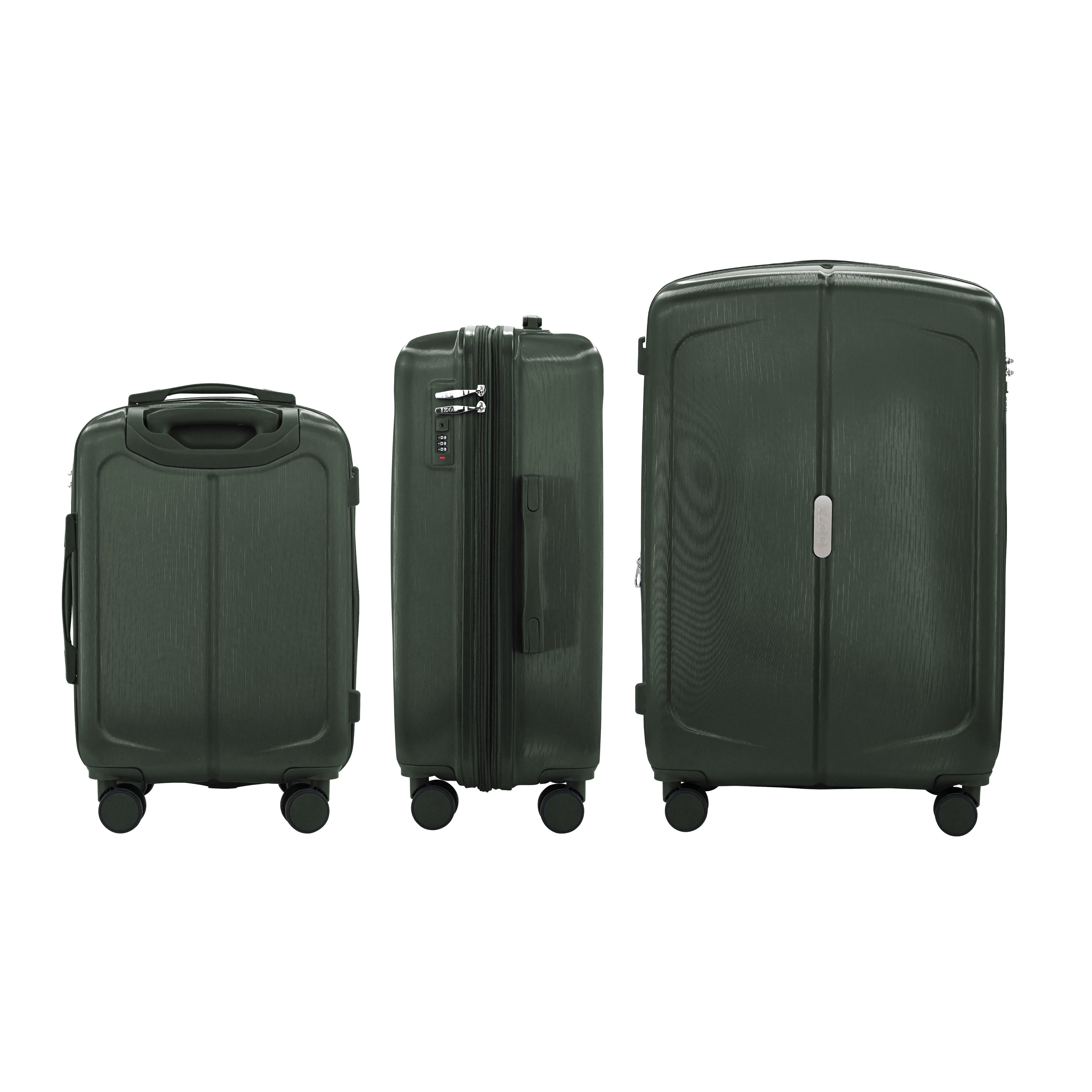Three green suitcases of different sizes on a white background