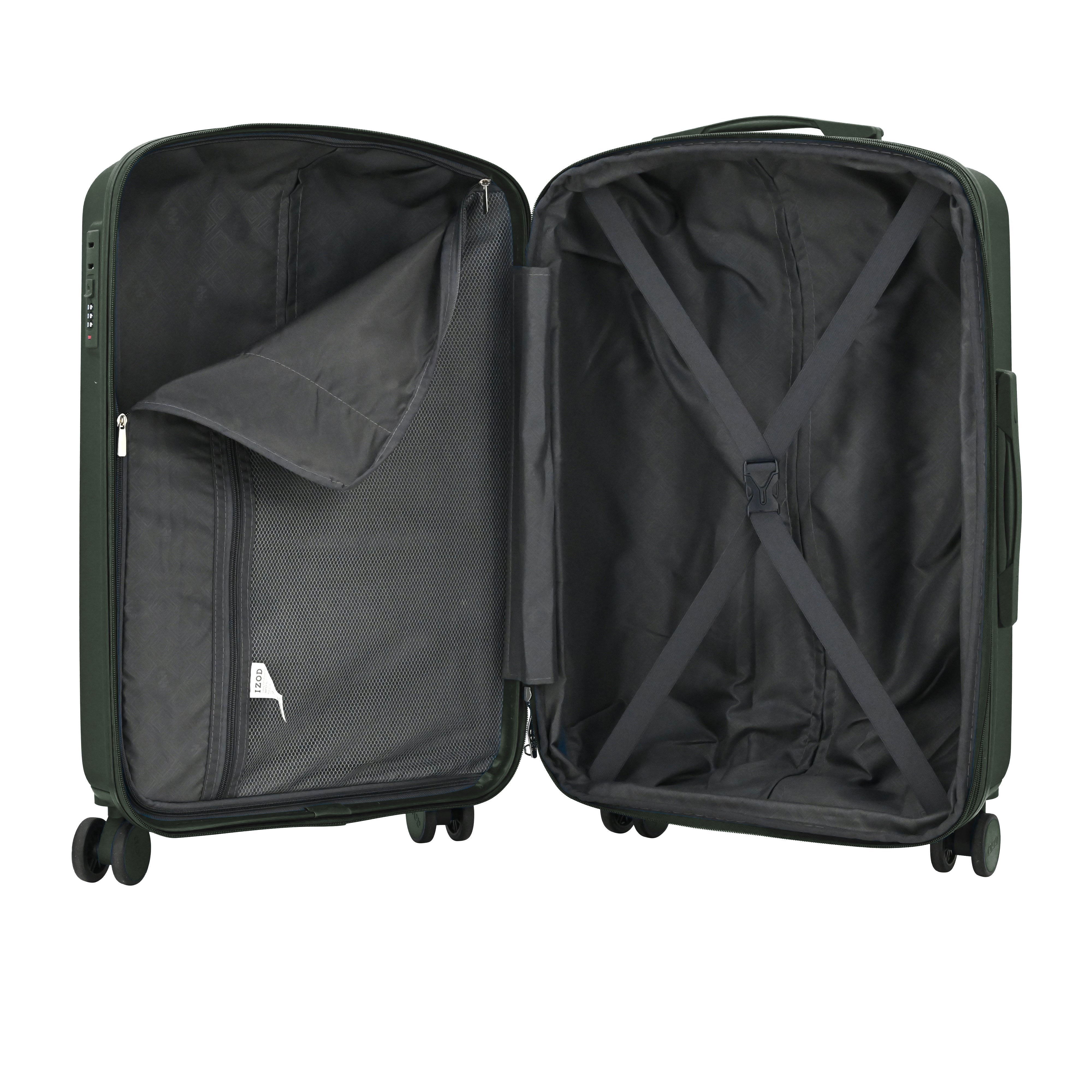 Open green suitcase on a white background