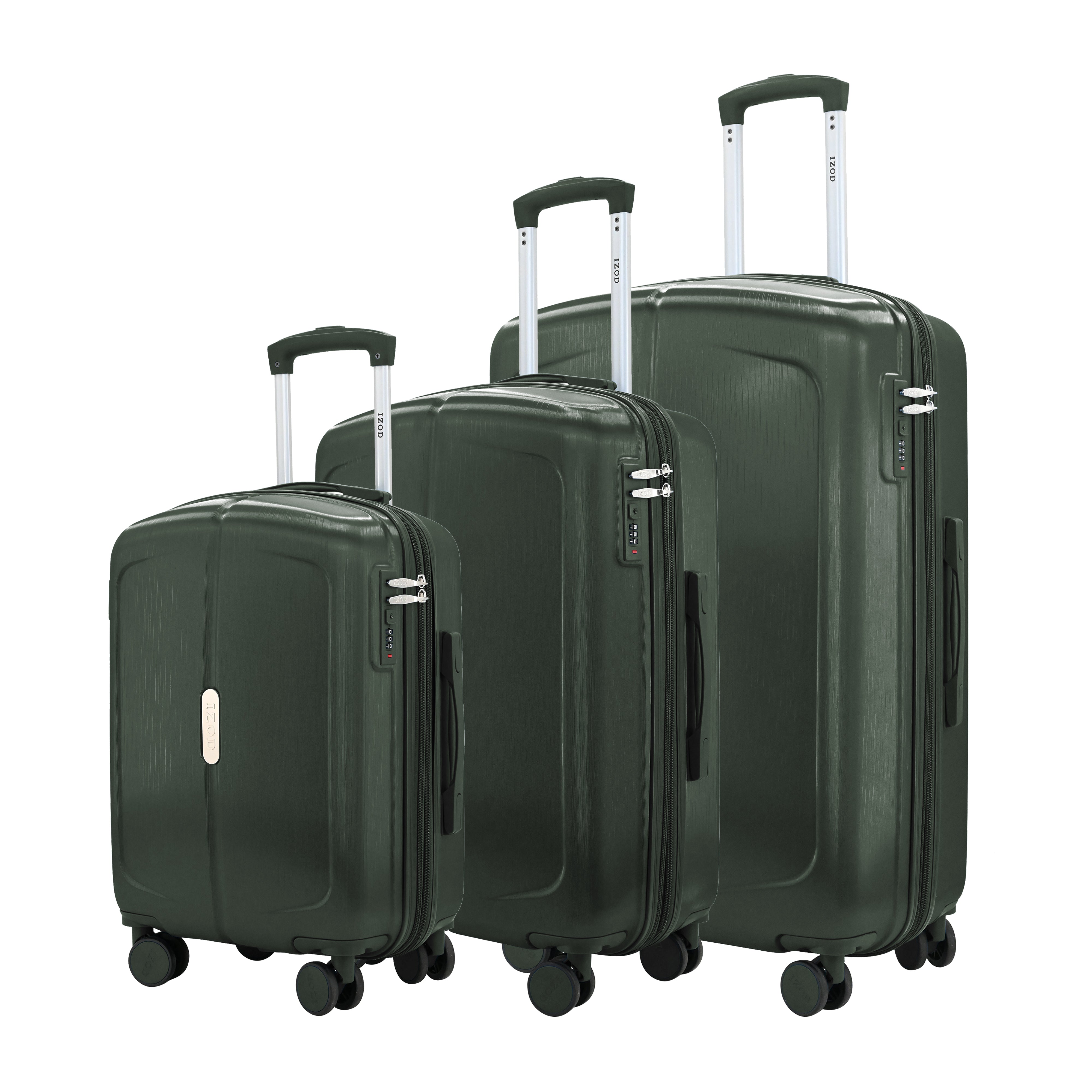 Set of three green suitcases of different sizes on a white background