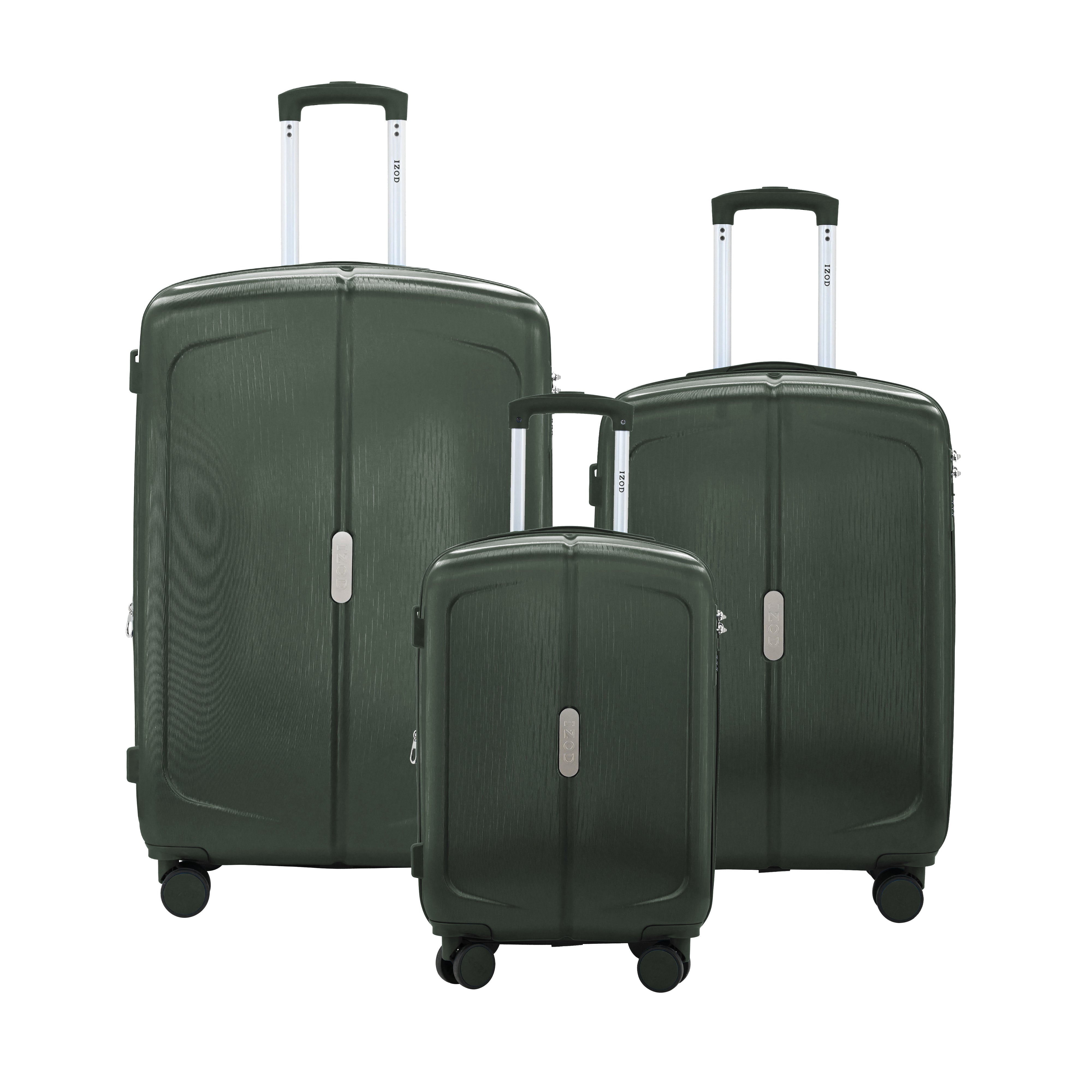 Set of three green suitcases of different sizes on a white background