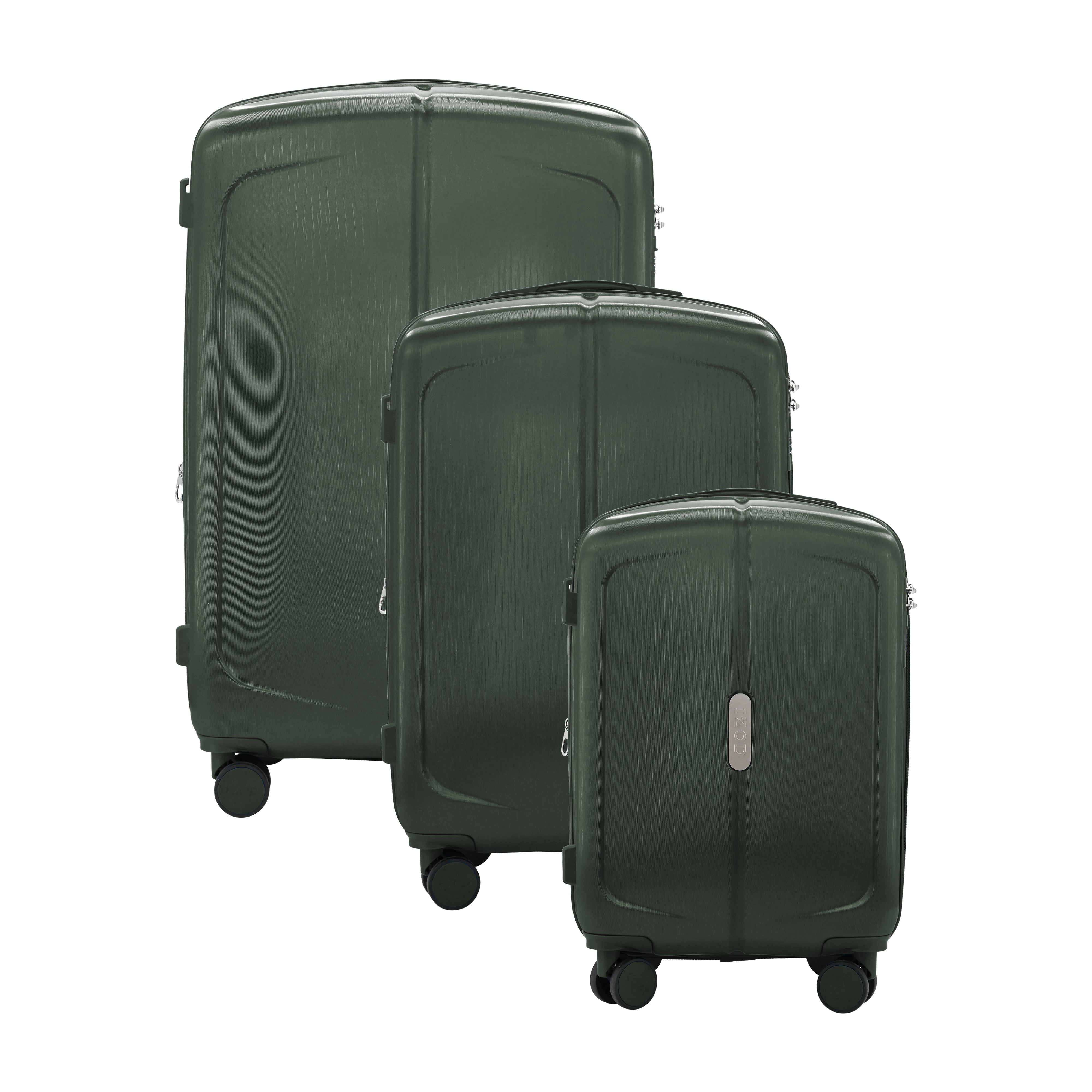 Set of three black suitcases of different sizes on a white background