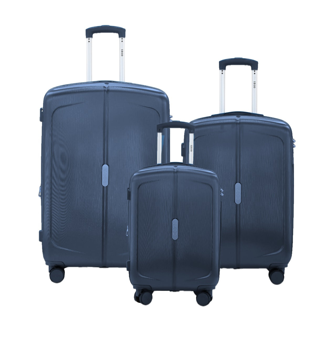 Set of three blue suitcases of different sizes on a white background
