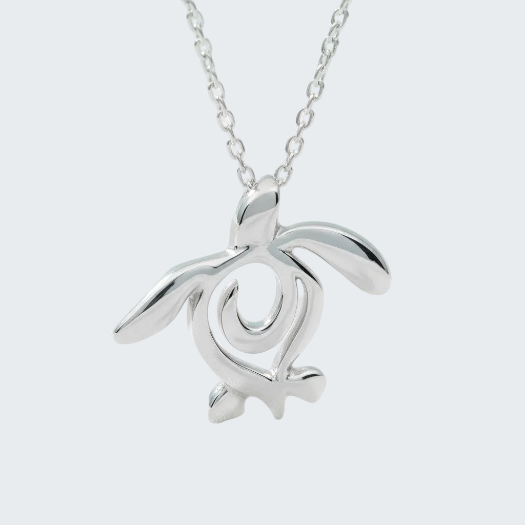 Silver turtle pendant on a chain against a light gray background