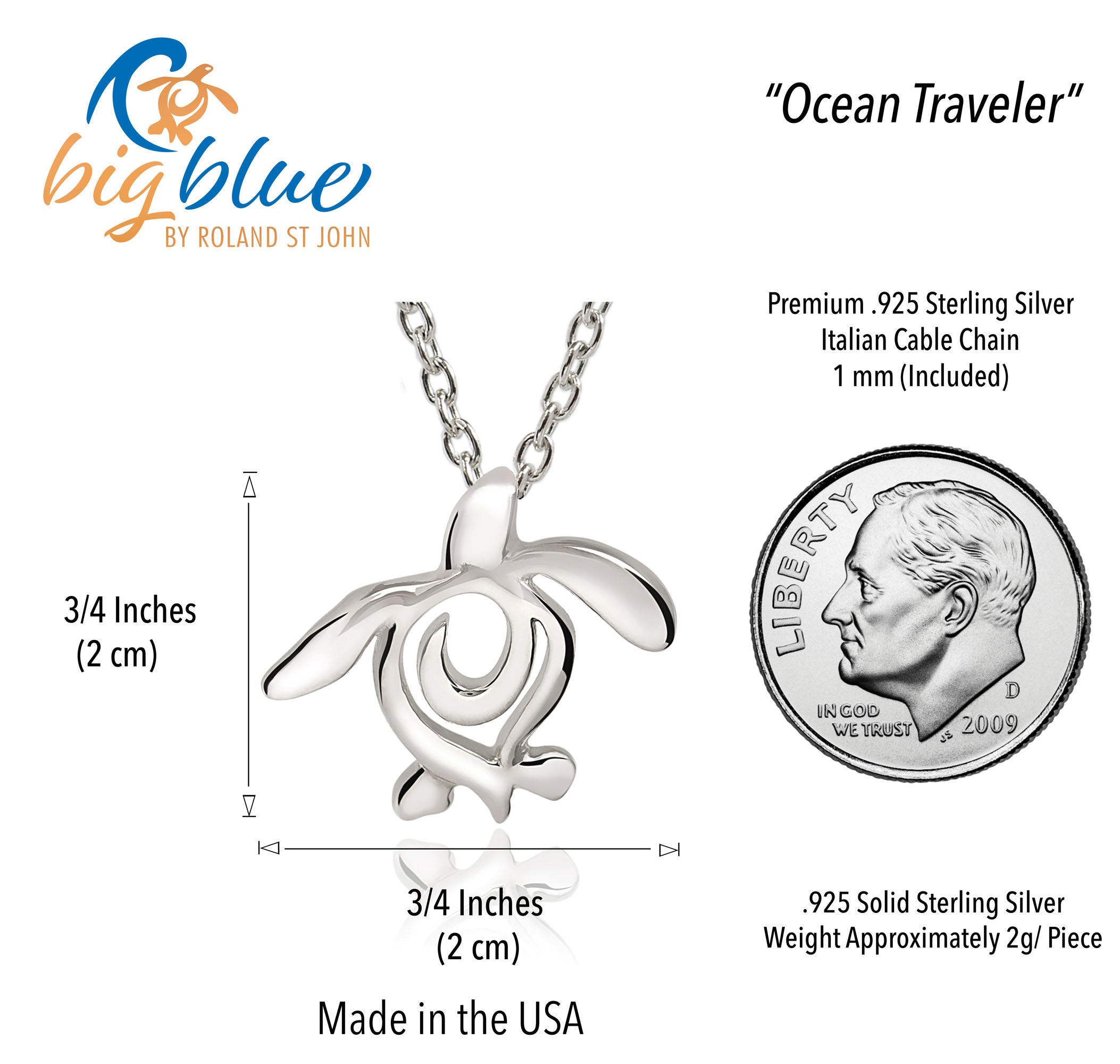 Silver turtle pendant necklace with measurement details and 'big blue' branding.