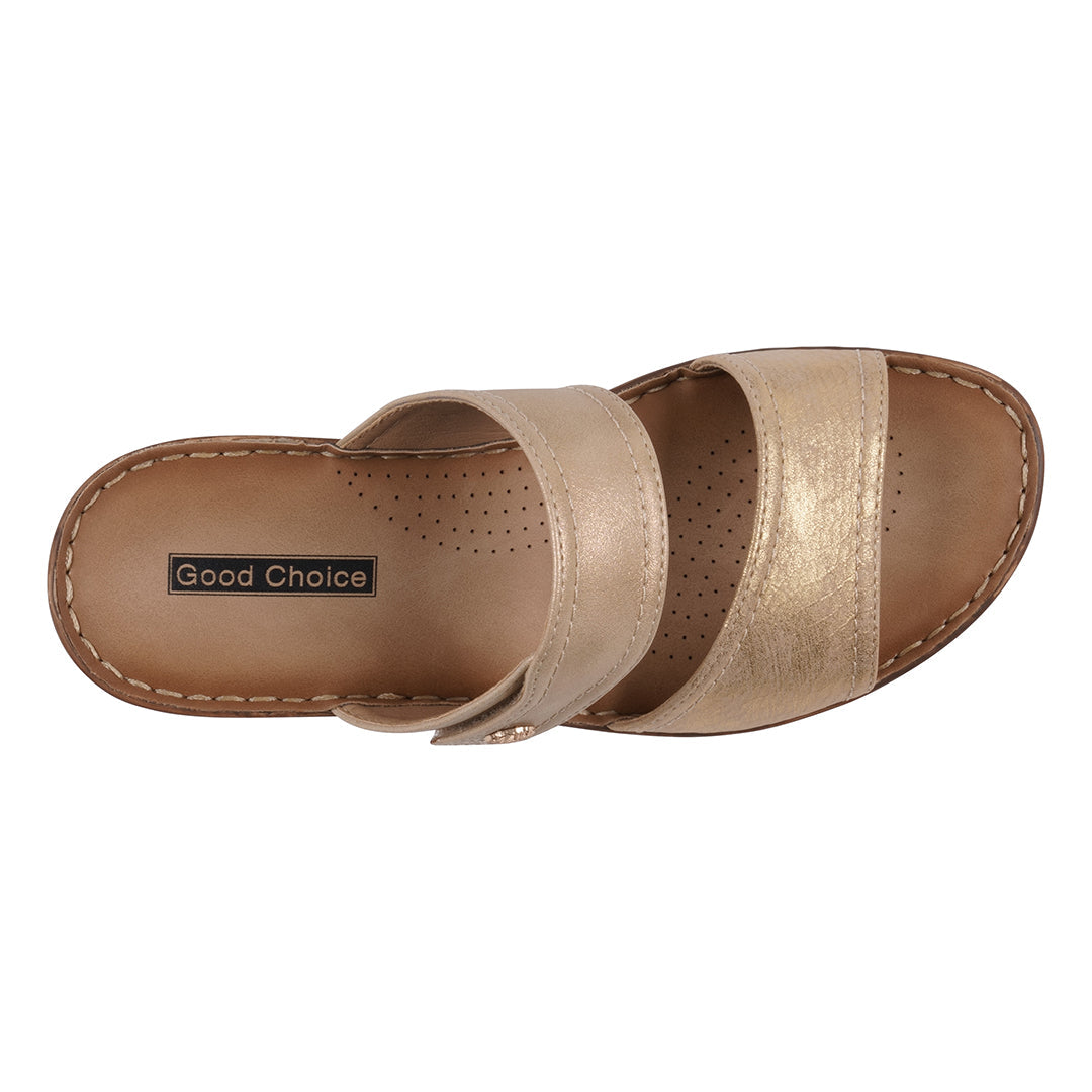 Tan sandal with 'Good Choice' label on a white background