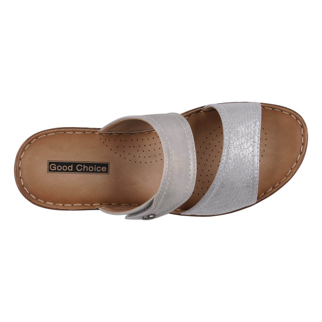 Sandal with a 'Good Choice' label on a white background