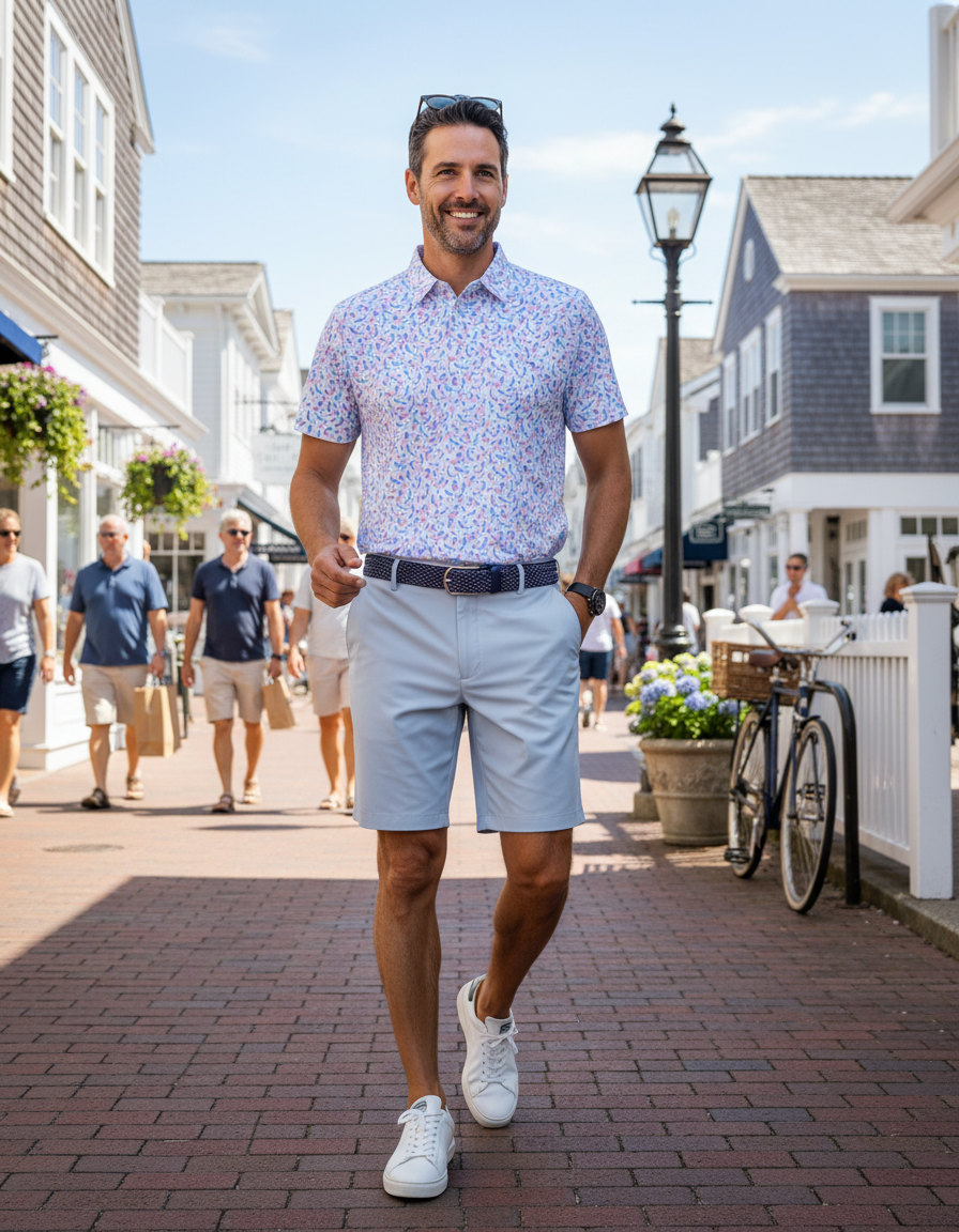 Man walking on a sidewalk in a small town wearing a patterned shirt and light shorts.