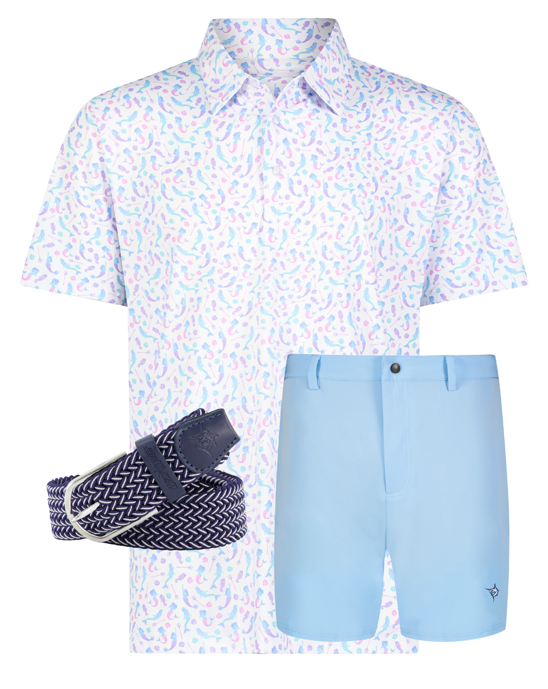 Short-sleeve patterned shirt, light blue shorts, and belt on a white background