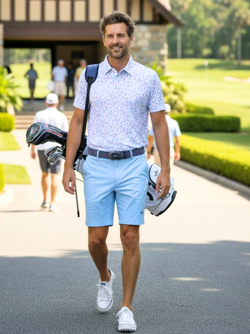 Man walking on a golf course with golf clubs and attire