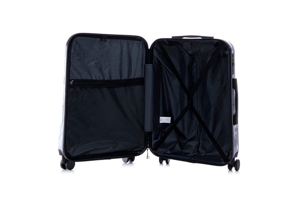 Black open suitcase on a white background