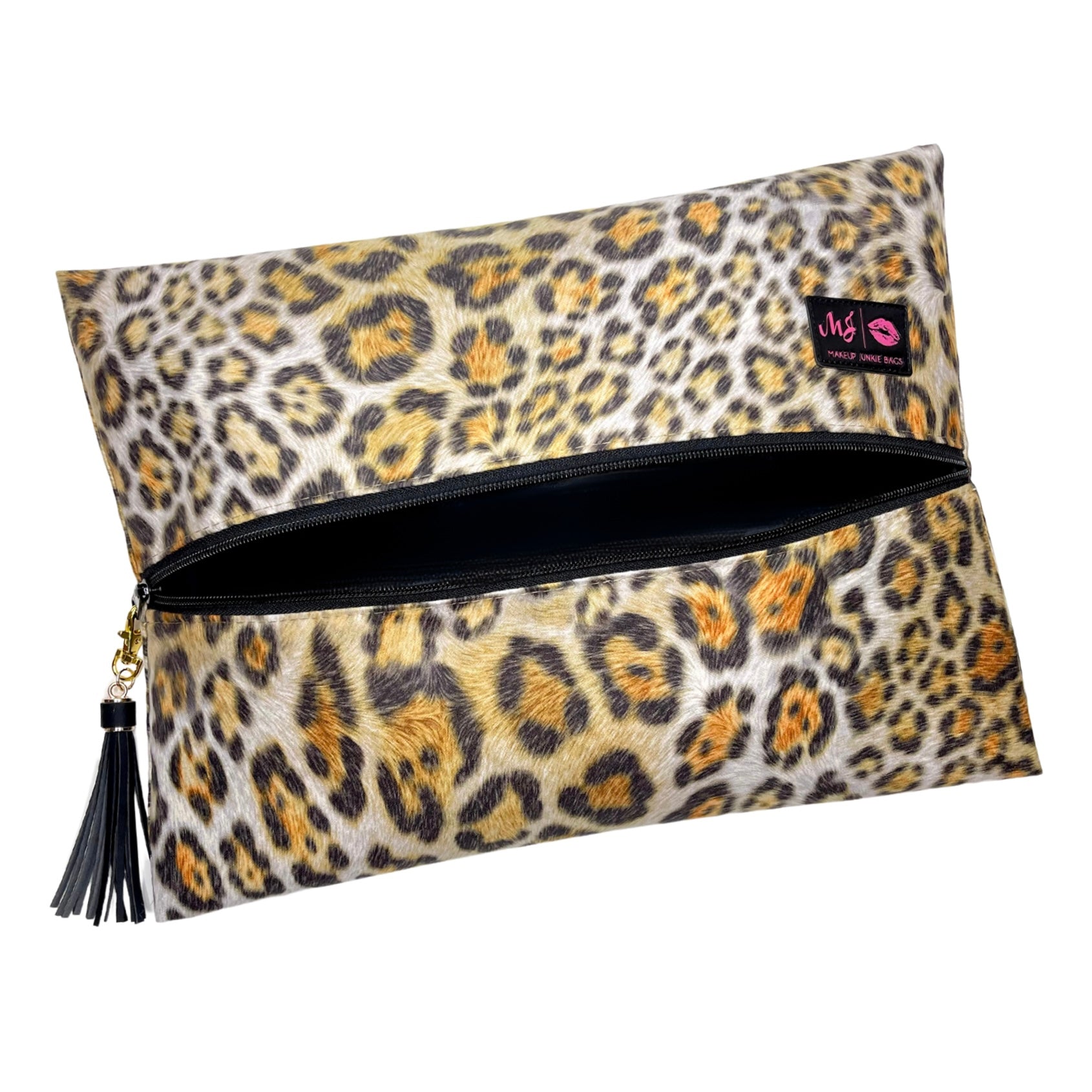 Leopard print clutch bag with a visible brand logo on a white background