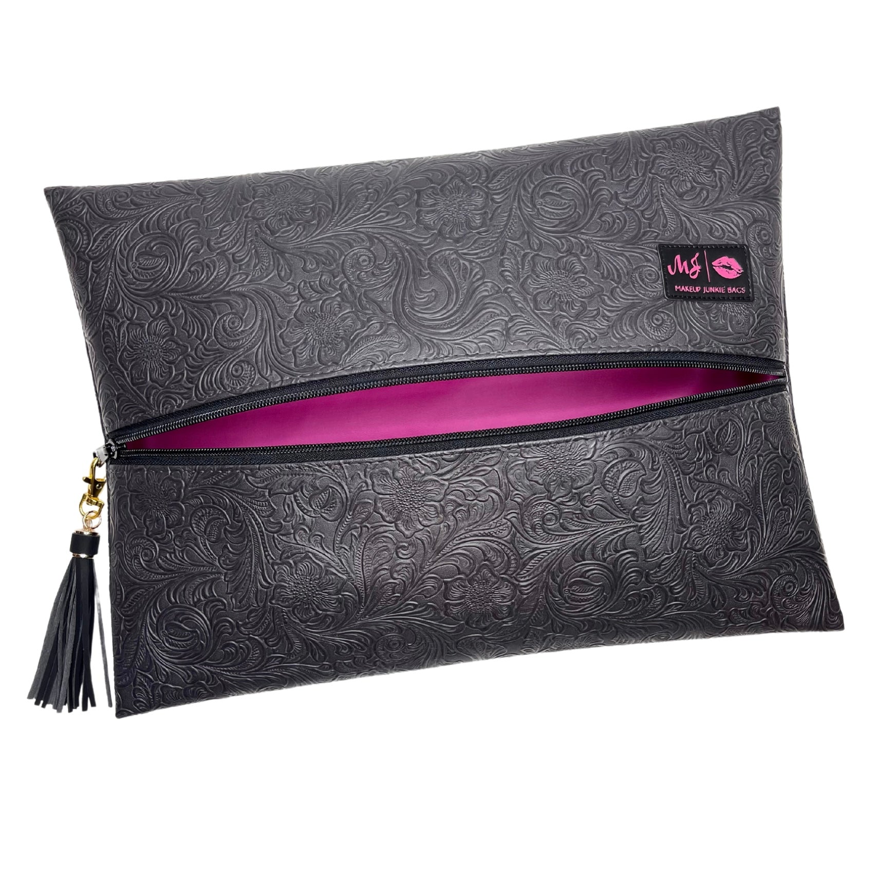 Black embossed clutch bag with a pink interior and visible brand logo on a white background