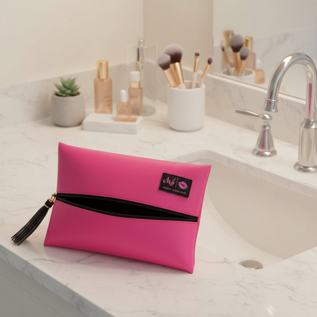 Pink pouch with black interior and tassel on a light gray background