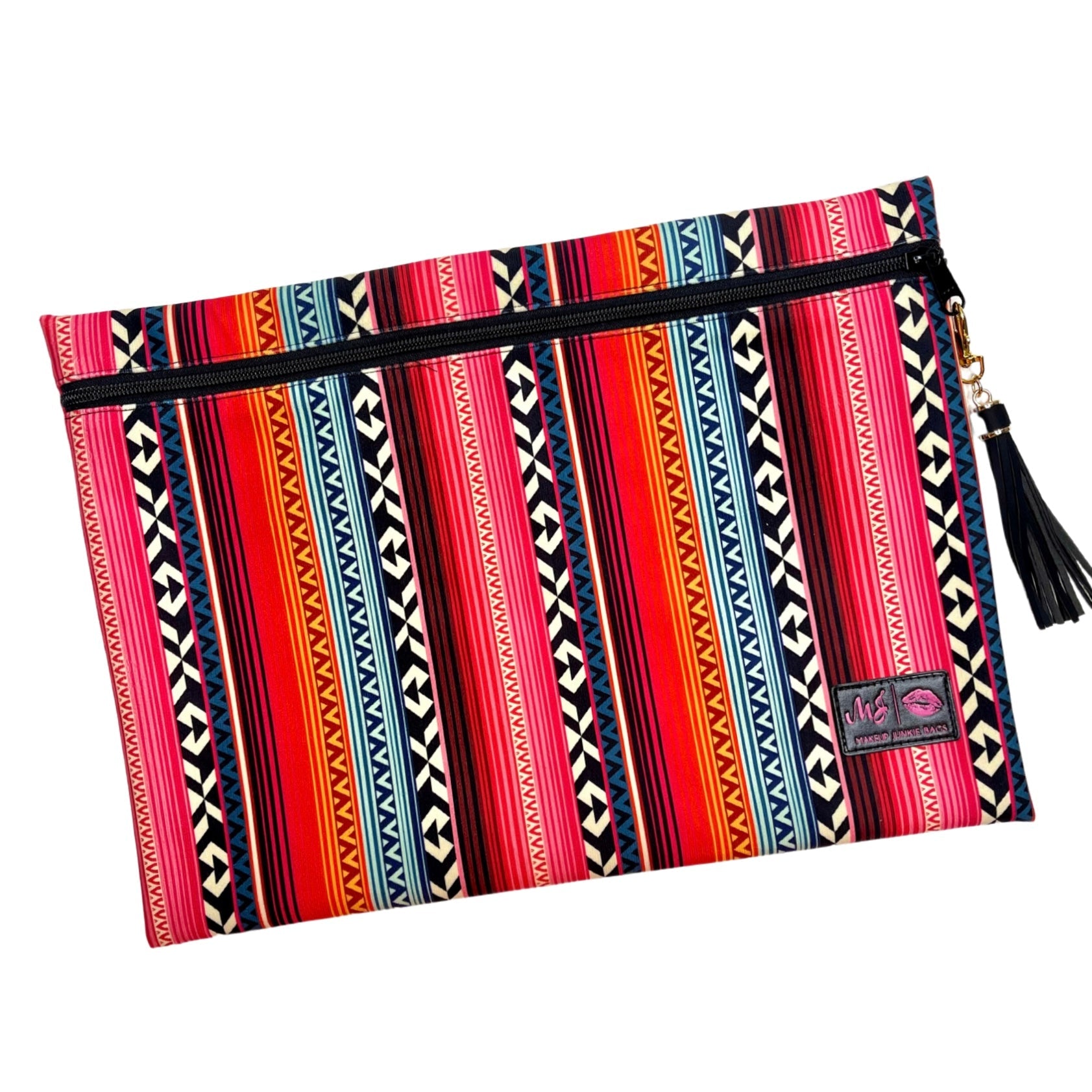 Colorful patterned pouch with a tassel on a white background
