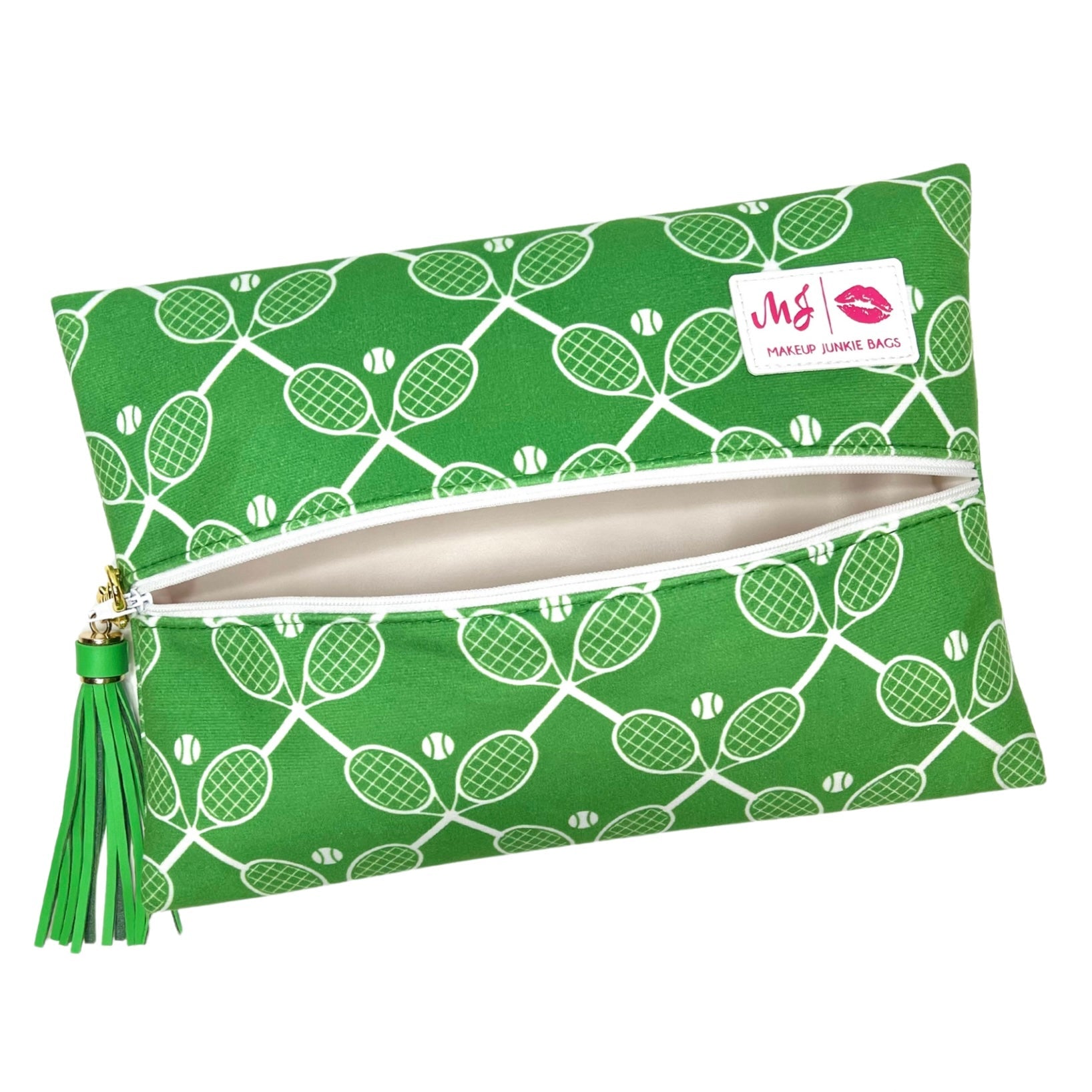 Green pouch with tennis racket and ball pattern on a white background