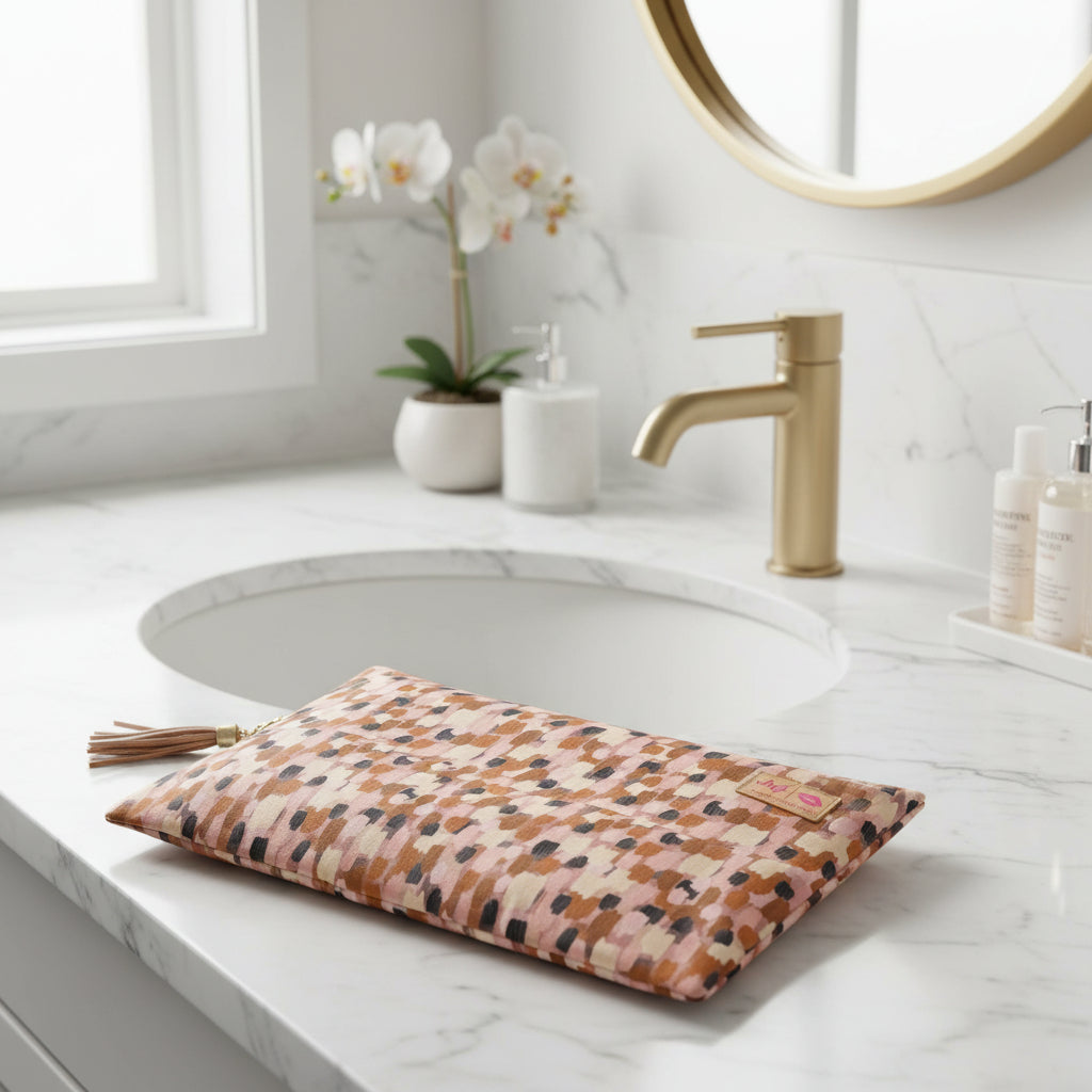 Patterned clutch bag with a visible brand logo on a white background
