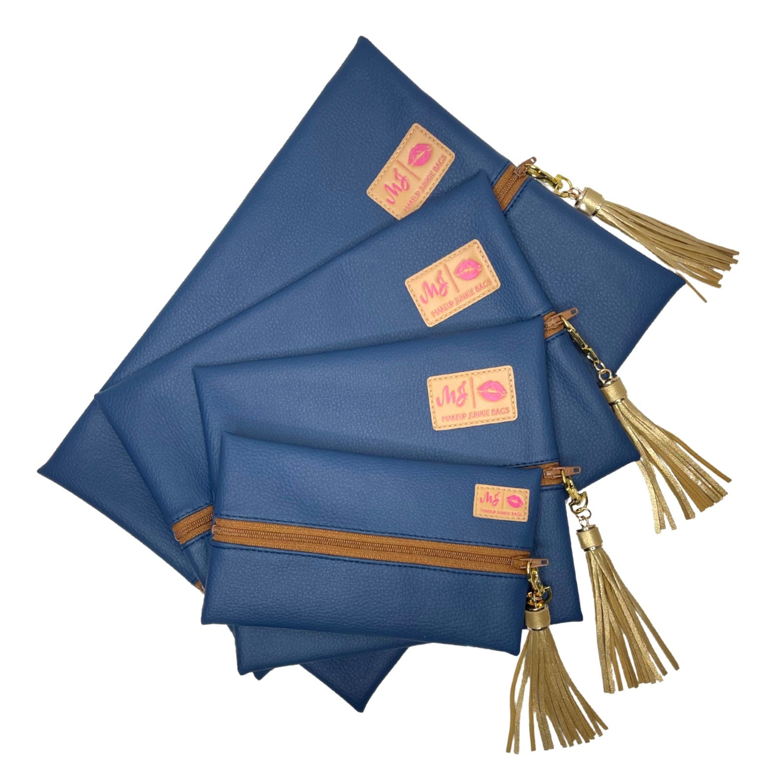 Set of blue pouches with gold zippers and tassels on a white background